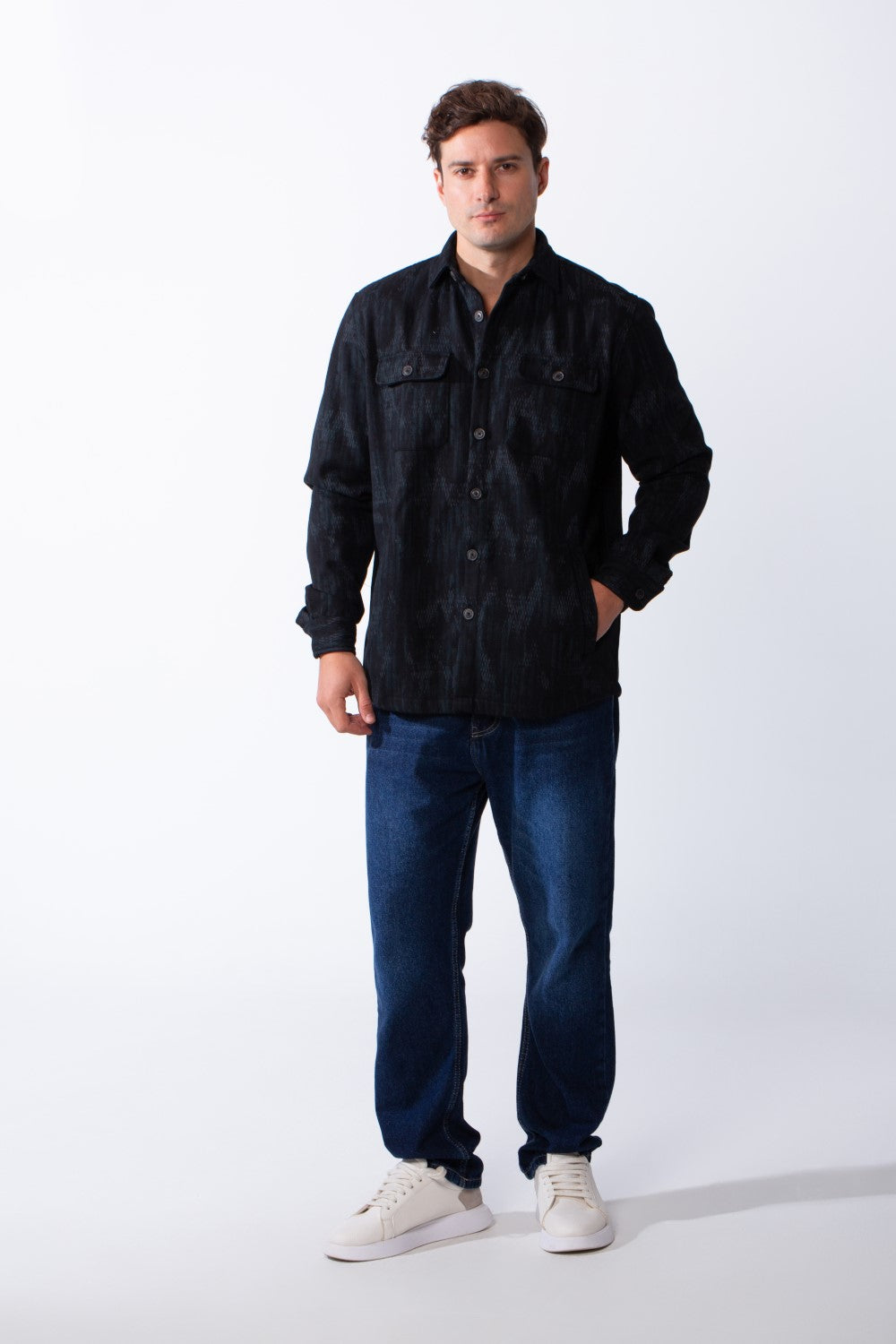 Men's Button Down Abstract Geometric Pattern With Dual Chest Flap Pockets Slim Fit Gabardine Casual Shirt