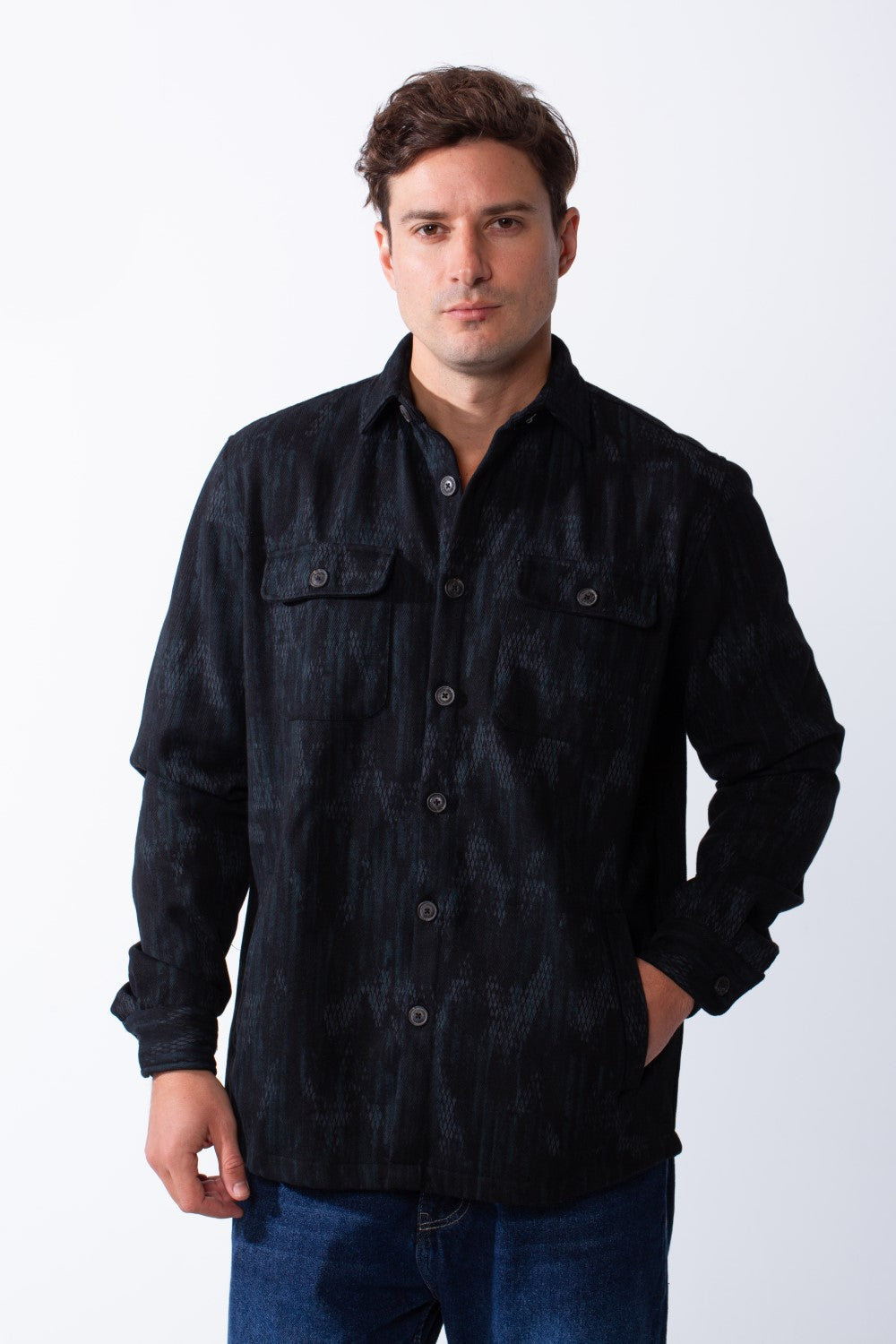 Men's Button Down Abstract Geometric Pattern With Dual Chest Flap Pockets Slim Fit Gabardine Casual Shirt