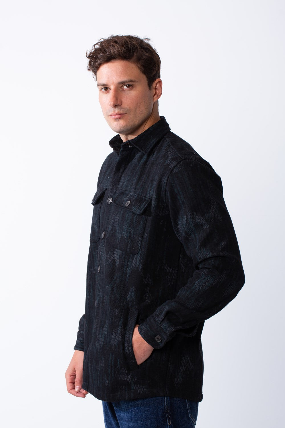 Men's Button Down Abstract Geometric Pattern With Dual Chest Flap Pockets Slim Fit Gabardine Casual Shirt