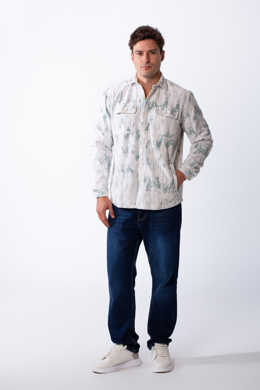 Men's Button Down Abstract Geometric Pattern With Dual Chest Flap Pockets Slim Fit Gabardine Casual Shirt