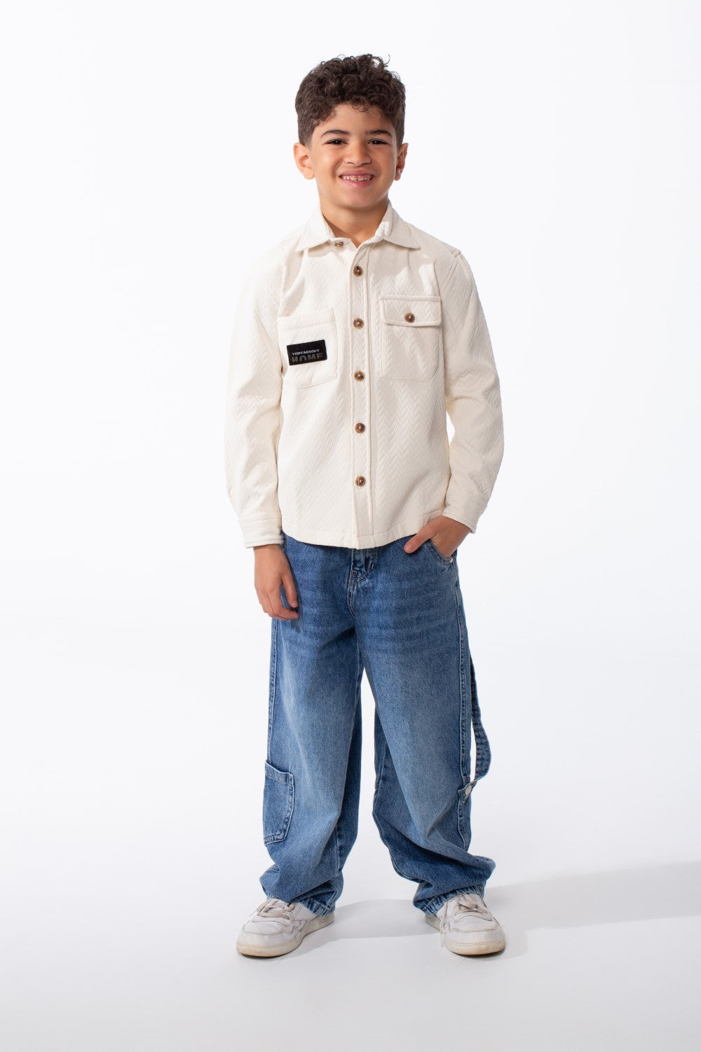 Boy's Button-Down Design Classic Collar Double Chest Pockets Textured Patterned Fabric Patch Print Versatile Warmth Slim Fit Shirt
