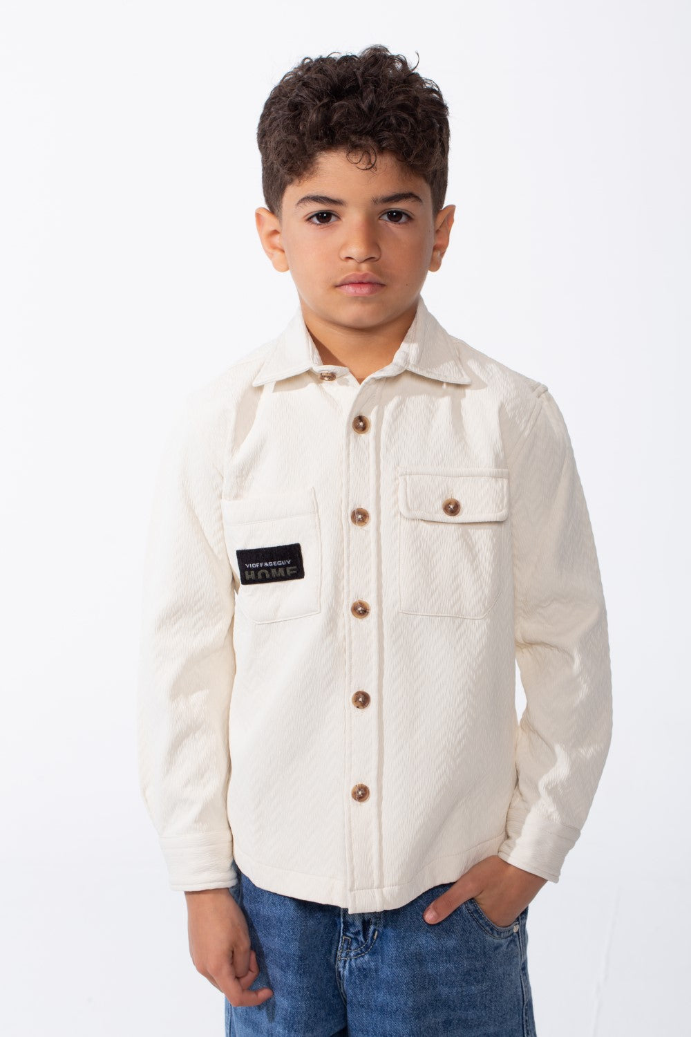 Boy's Button-Down Design Classic Collar Double Chest Pockets Textured Patterned Fabric Patch Print Versatile Warmth Slim Fit Shirt