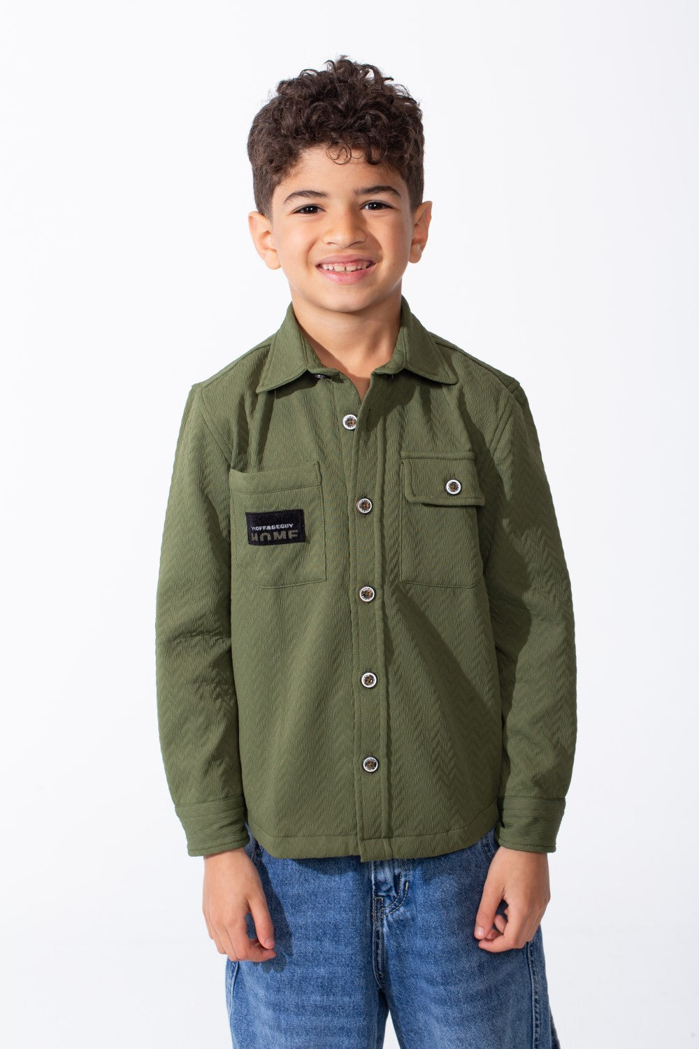 Boy's Button-Down Design Classic Collar Double Chest Pockets Textured Patterned Fabric Patch Print Versatile Warmth Slim Fit Shirt