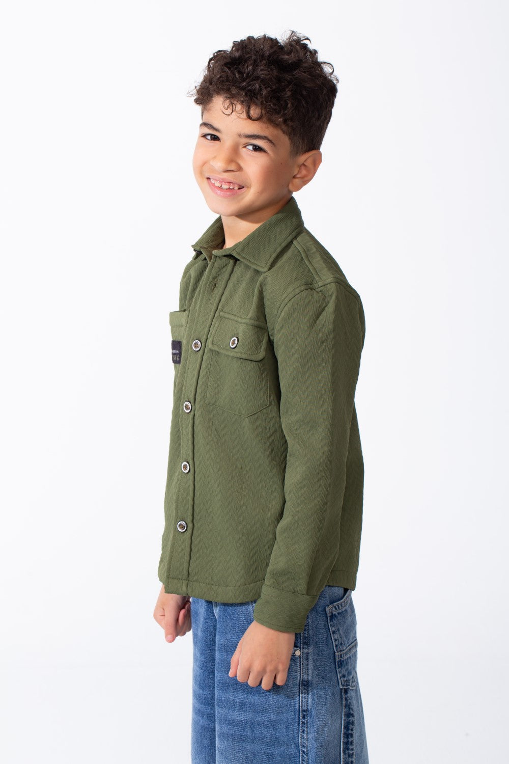 Boy's Button-Down Design Classic Collar Double Chest Pockets Textured Patterned Fabric Patch Print Versatile Warmth Slim Fit Shirt
