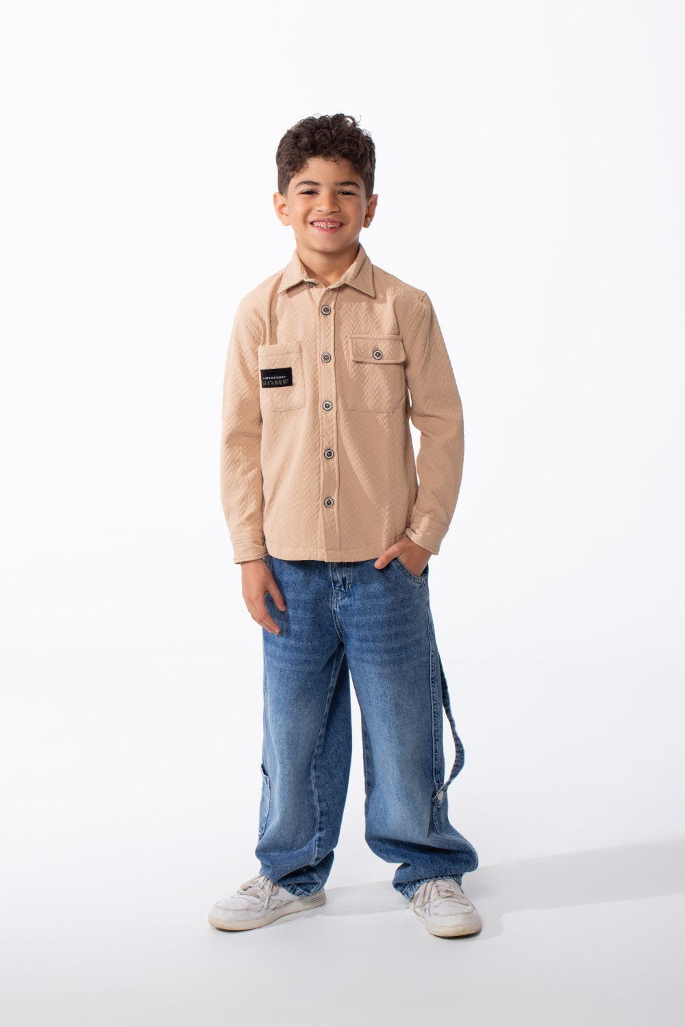 Boy's Button-Down Design Classic Collar Double Chest Pockets Textured Patterned Fabric Patch Print Versatile Warmth Slim Fit Shirt
