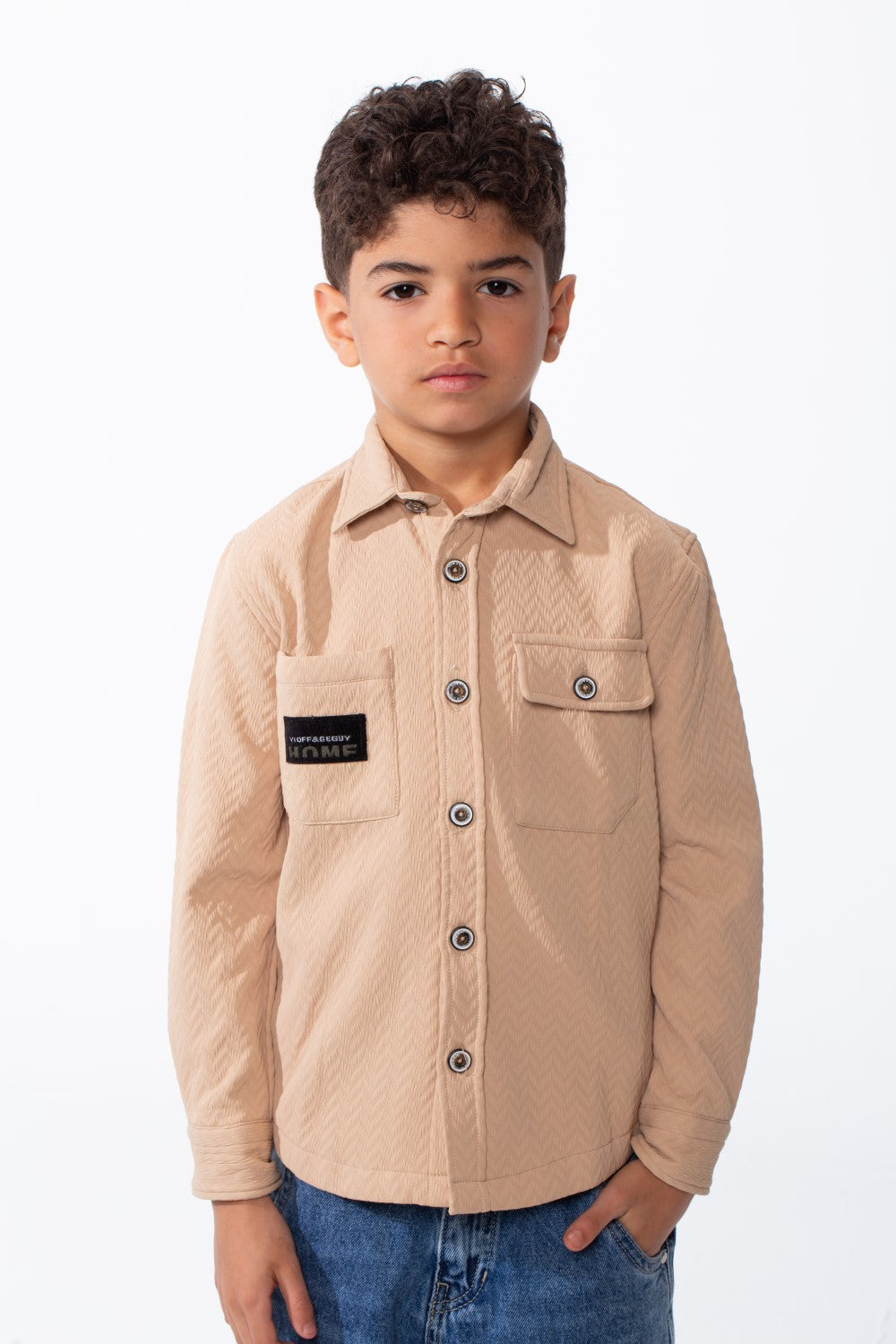Boy's Button-Down Design Classic Collar Double Chest Pockets Textured Patterned Fabric Patch Print Versatile Warmth Slim Fit Shirt