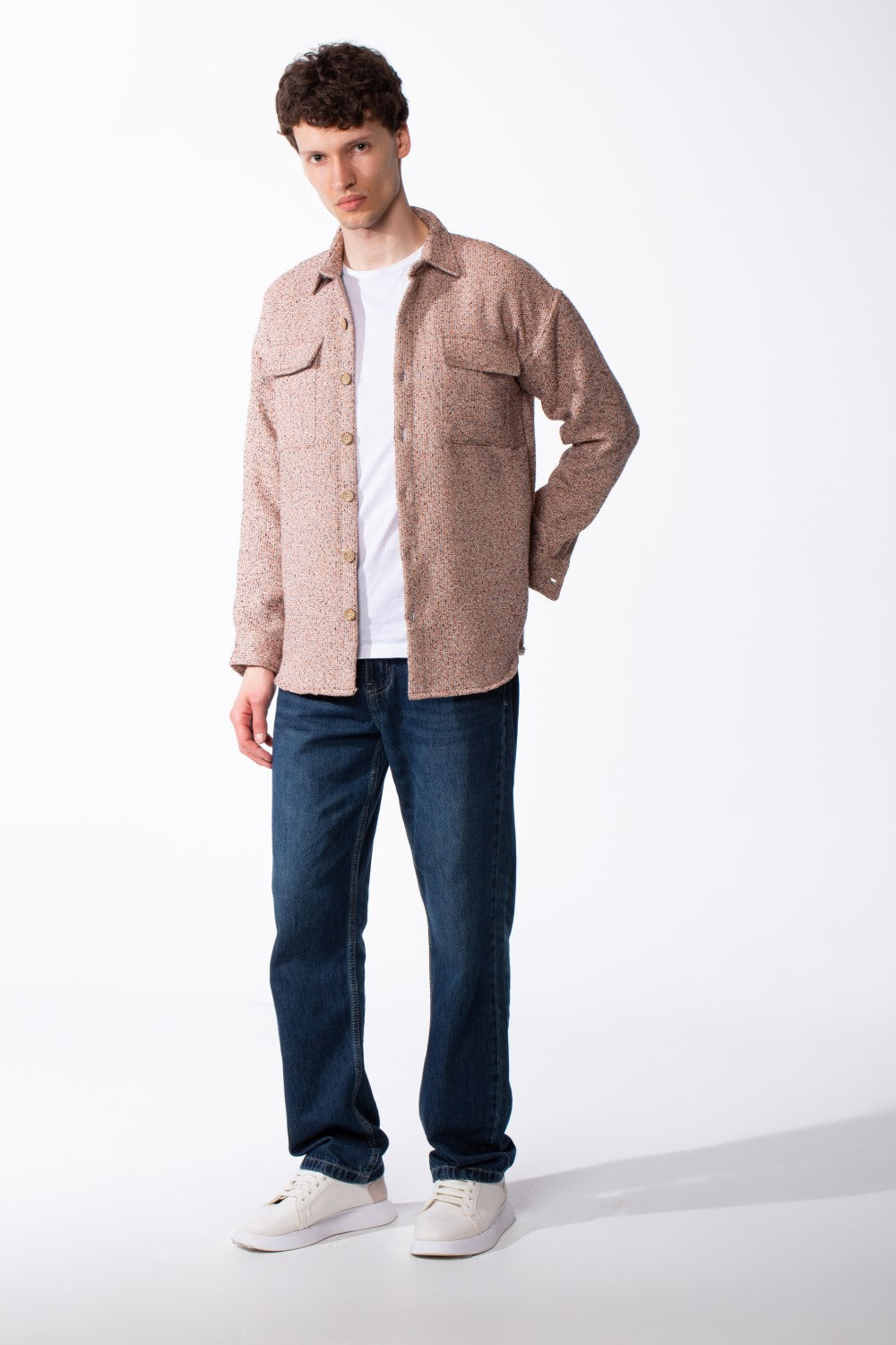 Men's Woolen Felt Fabric Classic Point Collar Chest Pockets With Flaps Detailed With Contrasting Tonal Buttons Shirt