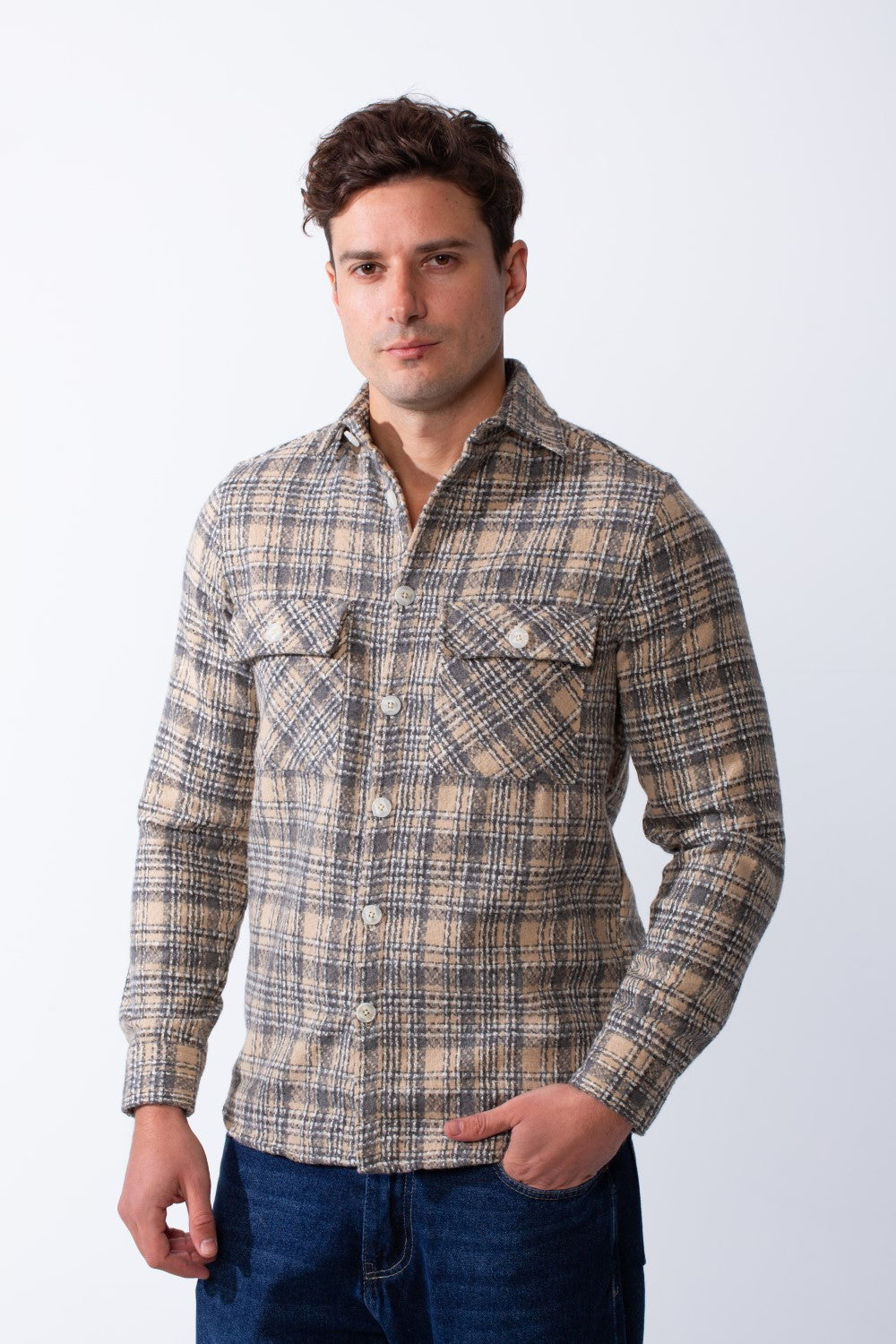 Men’s Classic Plaid Pattern Double Buttoned Chest Pockets Structured Collar Regular Fit Wool Fabric For Everyday Wear Shirt