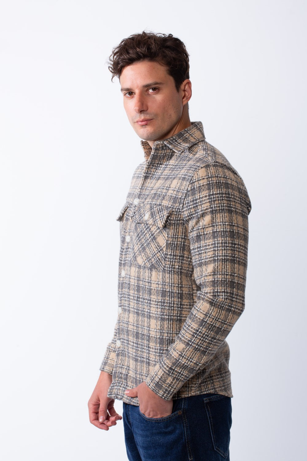Men’s Classic Plaid Pattern Double Buttoned Chest Pockets Structured Collar Regular Fit Wool Fabric For Everyday Wear Shirt