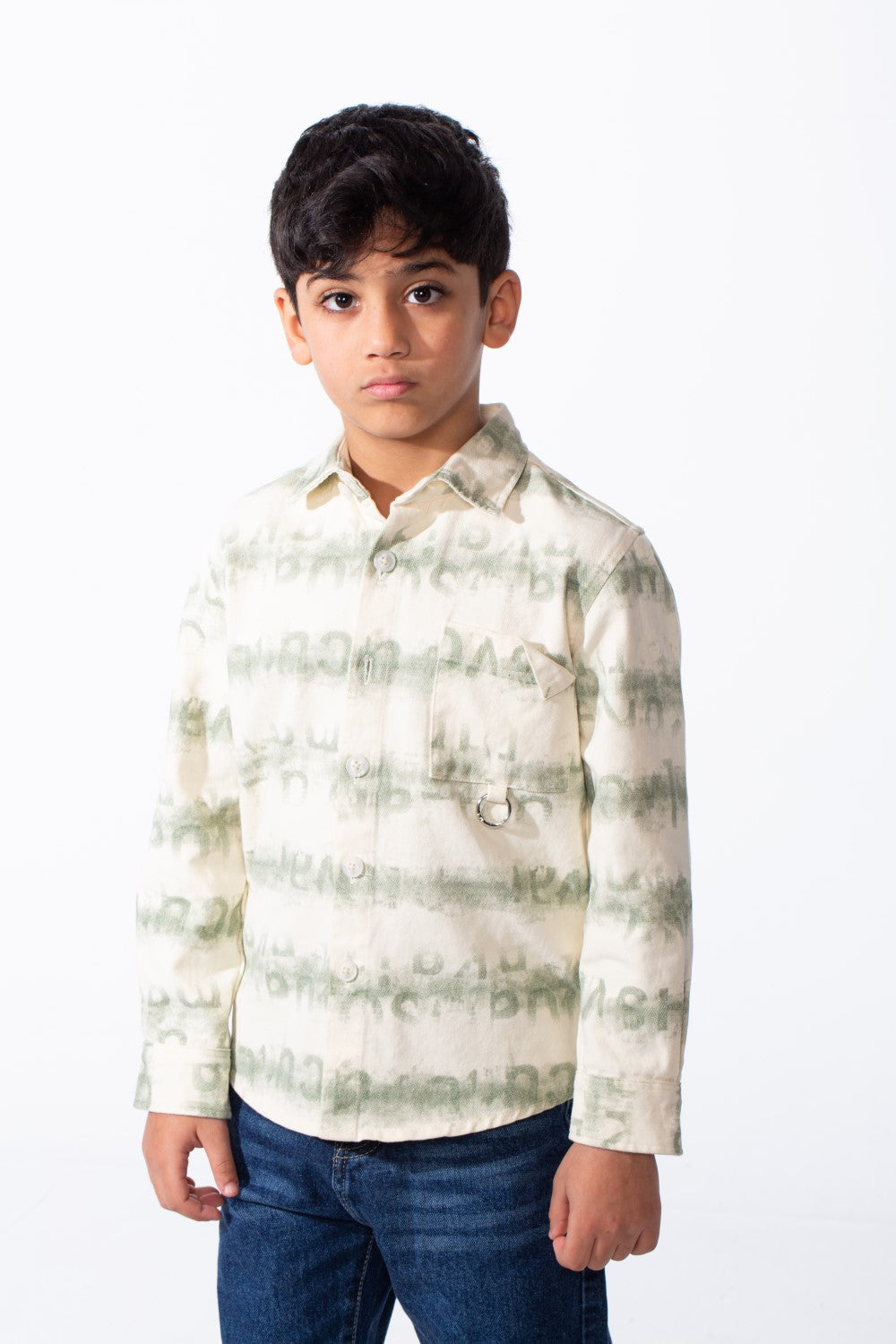 Boy's Button-Down Graphic Panels Left-Chest Utility Pocket Slim Fit Gabardine Shirt