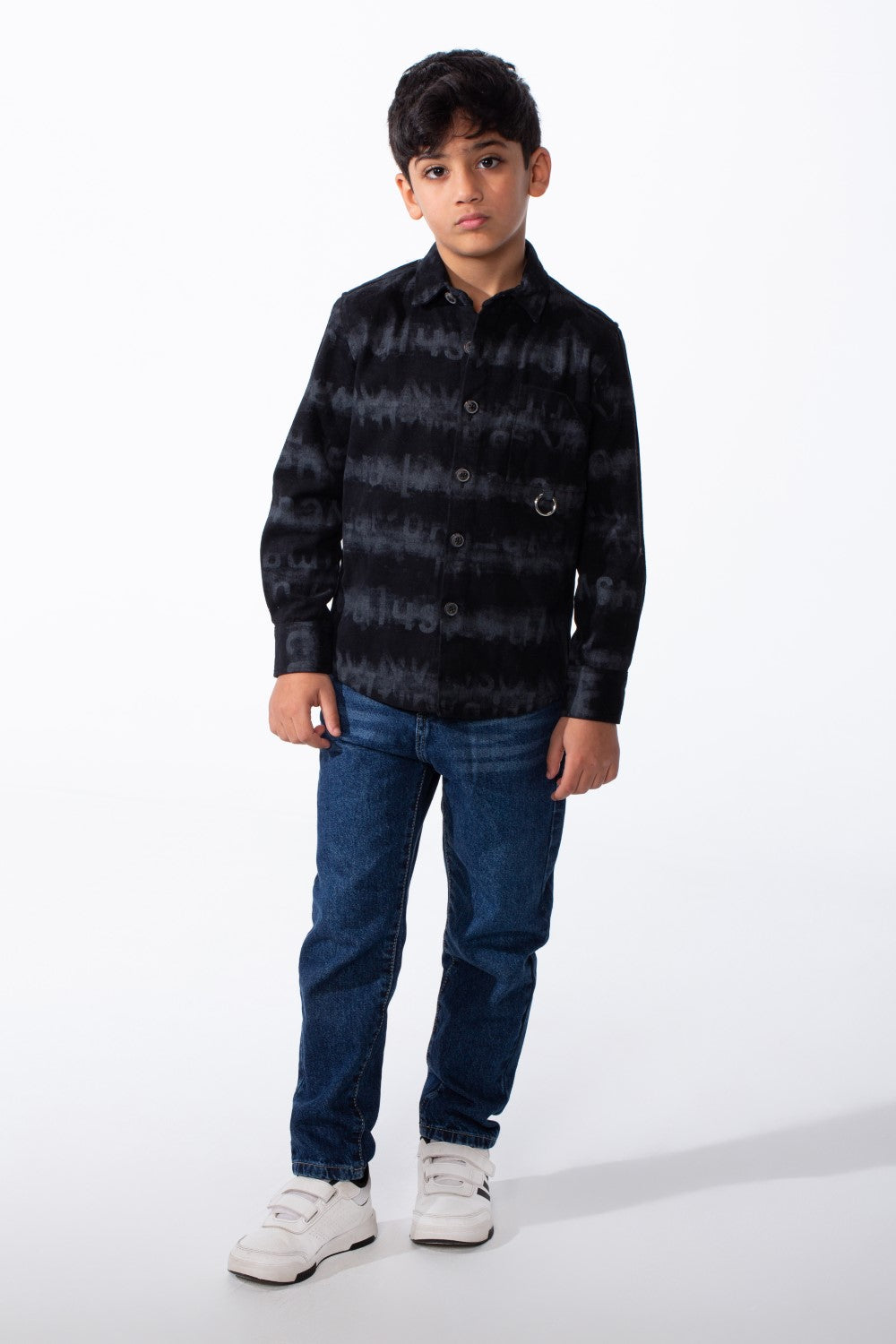 Boy's Button-Down Graphic Panels Left-Chest Utility Pocket Slim Fit Gabardine Shirt