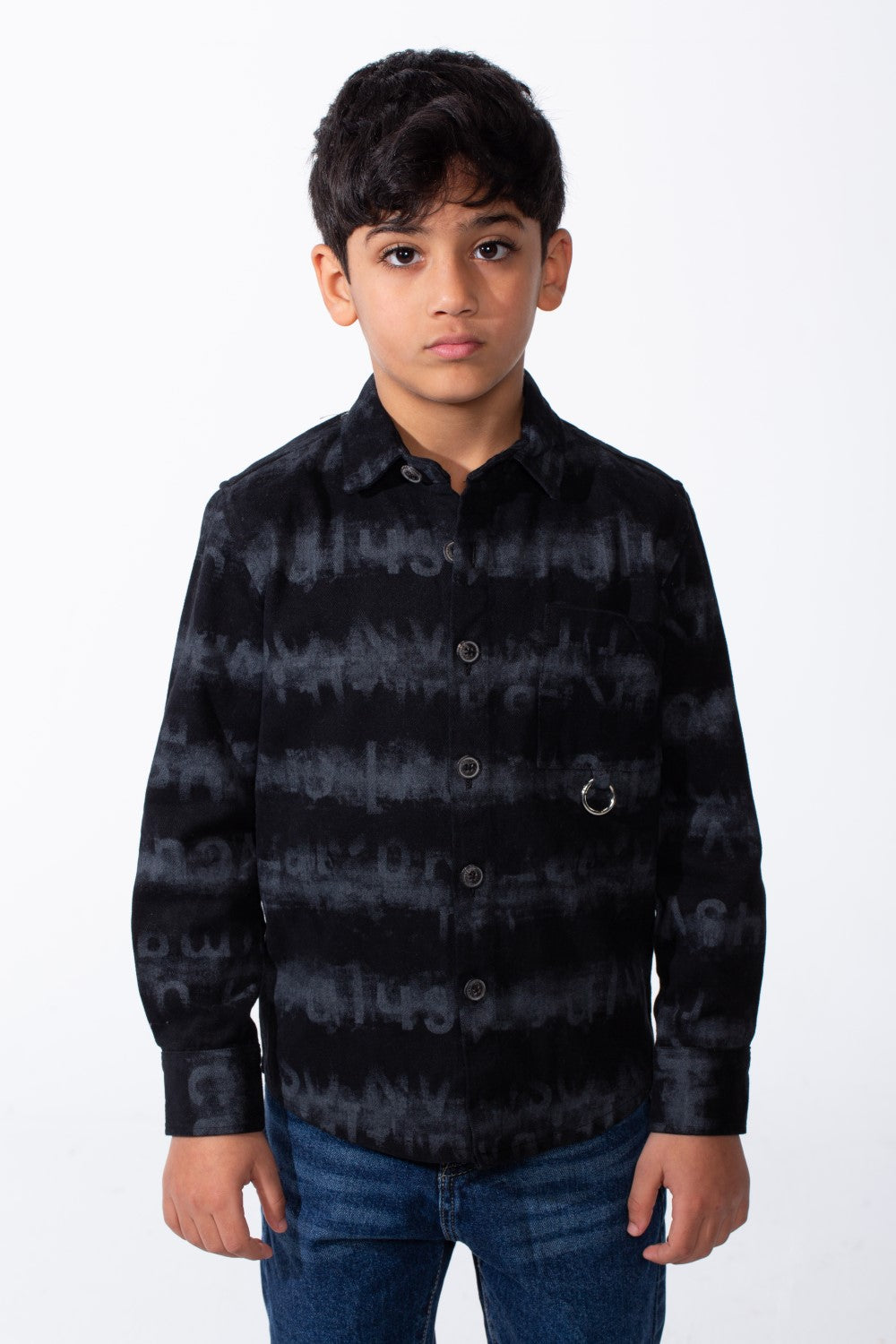 Boy's Button-Down Graphic Panels Left-Chest Utility Pocket Slim Fit Gabardine Shirt