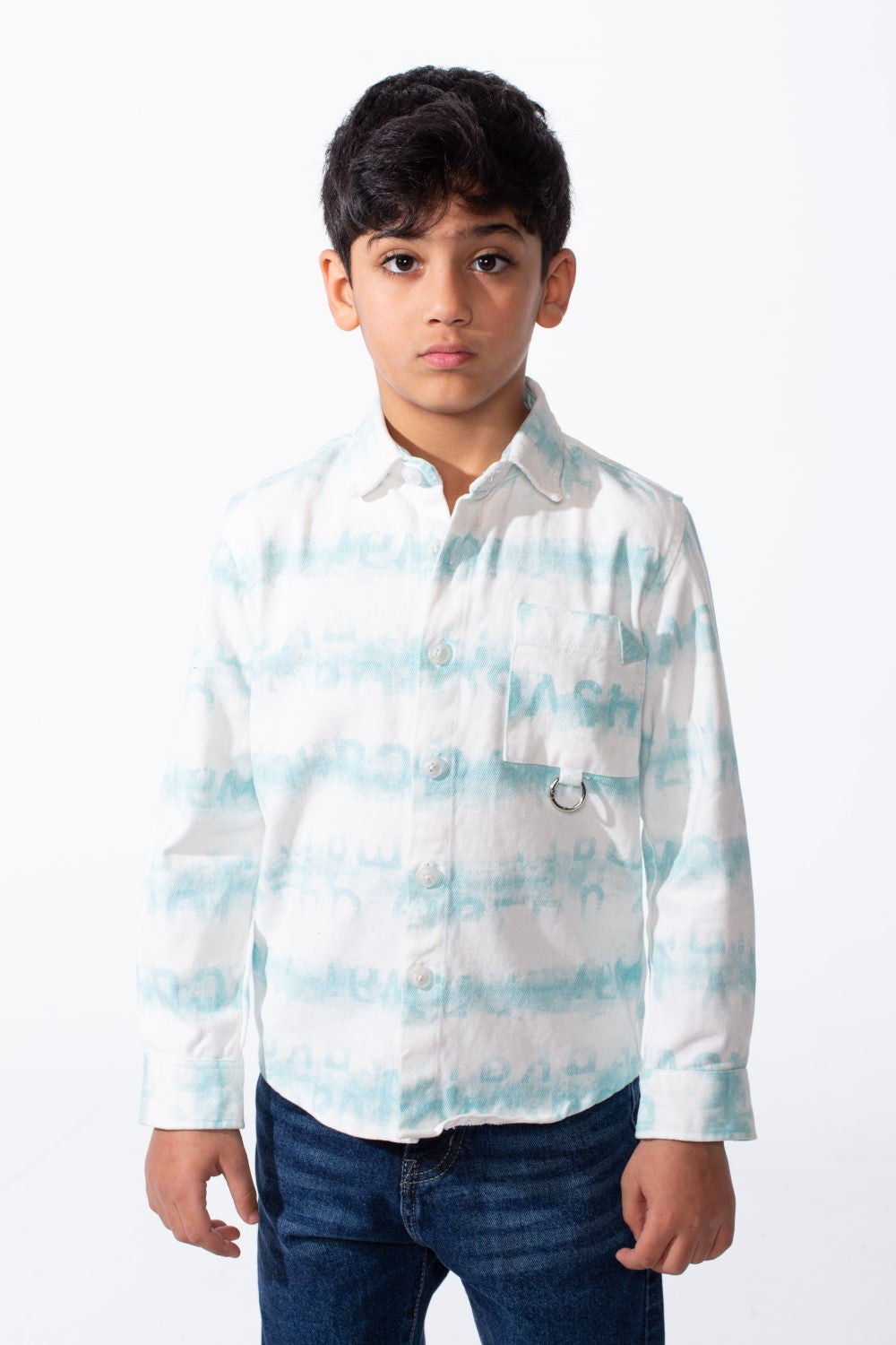 Boy's Button-Down Graphic Panels Left-Chest Utility Pocket Slim Fit Gabardine Shirt