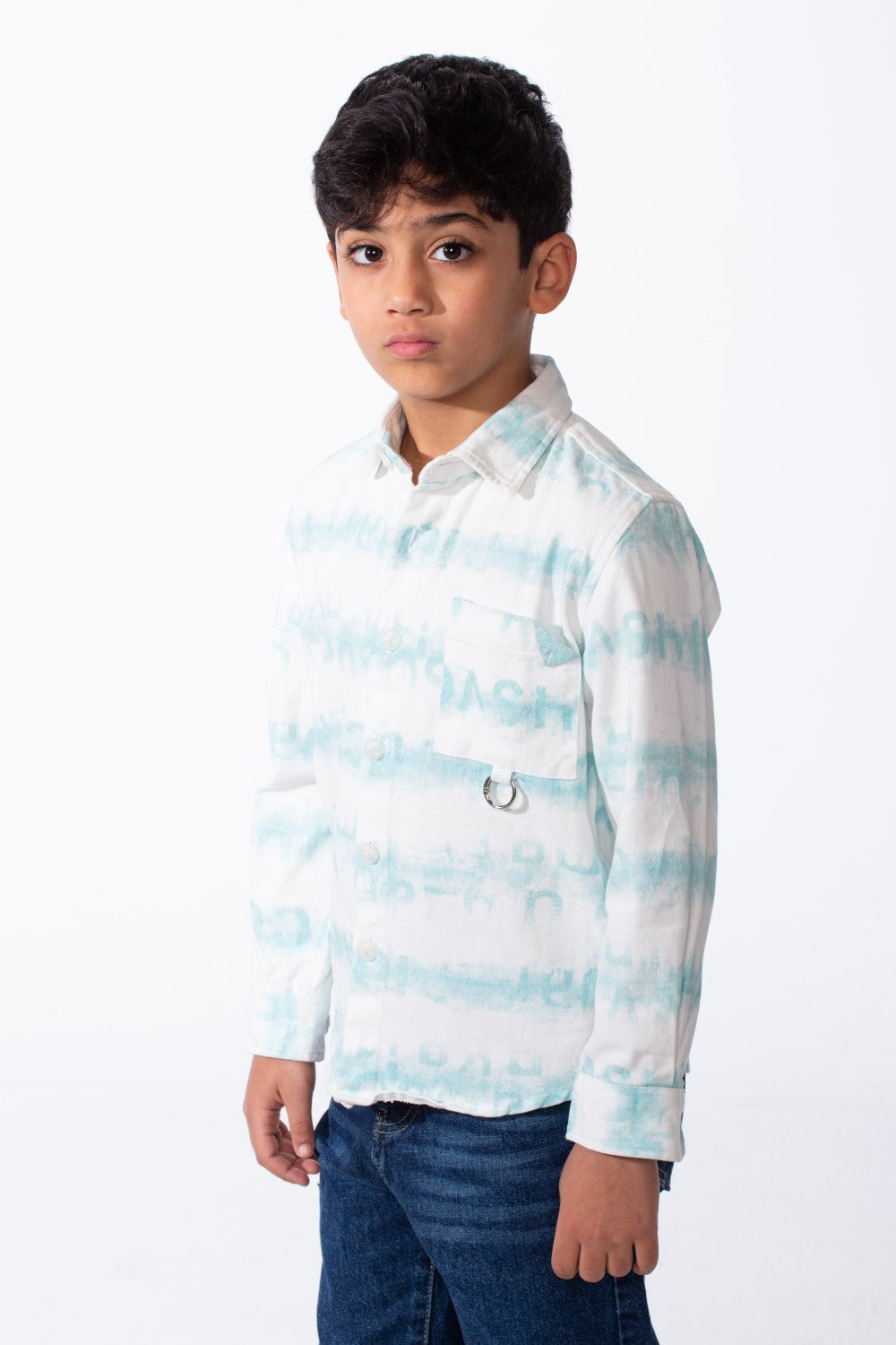 Boy's Button-Down Graphic Panels Left-Chest Utility Pocket Slim Fit Gabardine Shirt