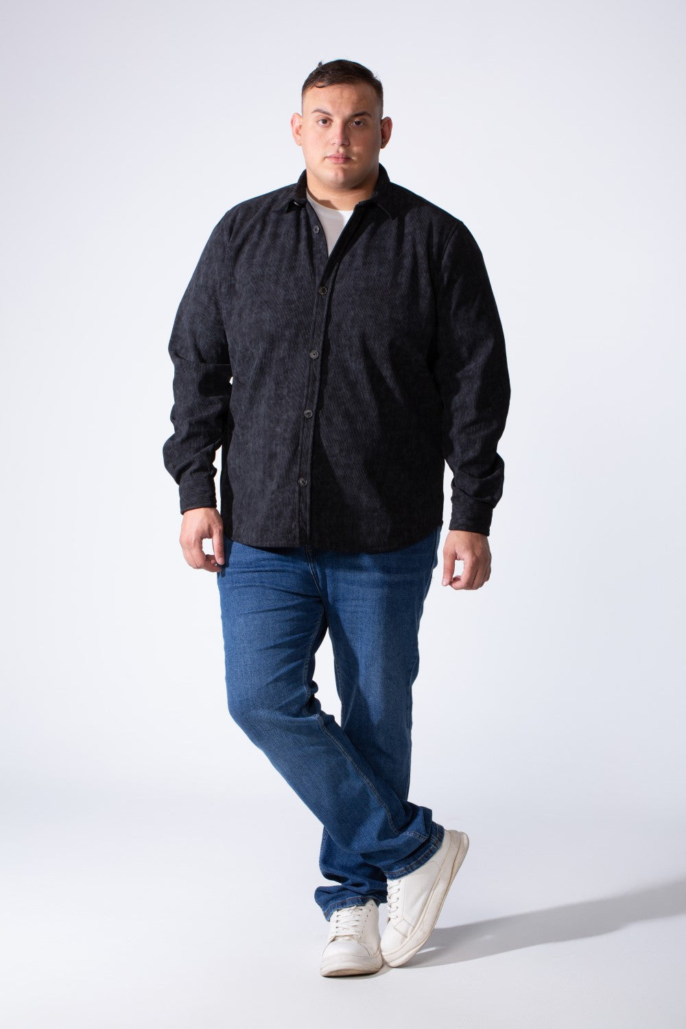 Men's Classic Neck Washed Design Button Down With  Ribbed Textured Velvet Fabric Modern Big Size Shirt