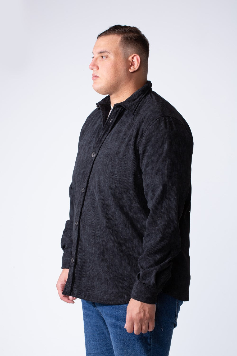 Men's Classic Neck Washed Design Button Down With  Ribbed Textured Velvet Fabric Modern Big Size Shirt