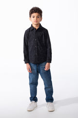 Boy's Striking All Over Jakar Wash Print Tailored Sleeves Detailed Buttoned Cuffs Velvet Slim Fit Shirt