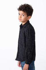 Boy's Striking All Over Jakar Wash Print Tailored Sleeves Detailed Buttoned Cuffs Velvet Slim Fit Shirt