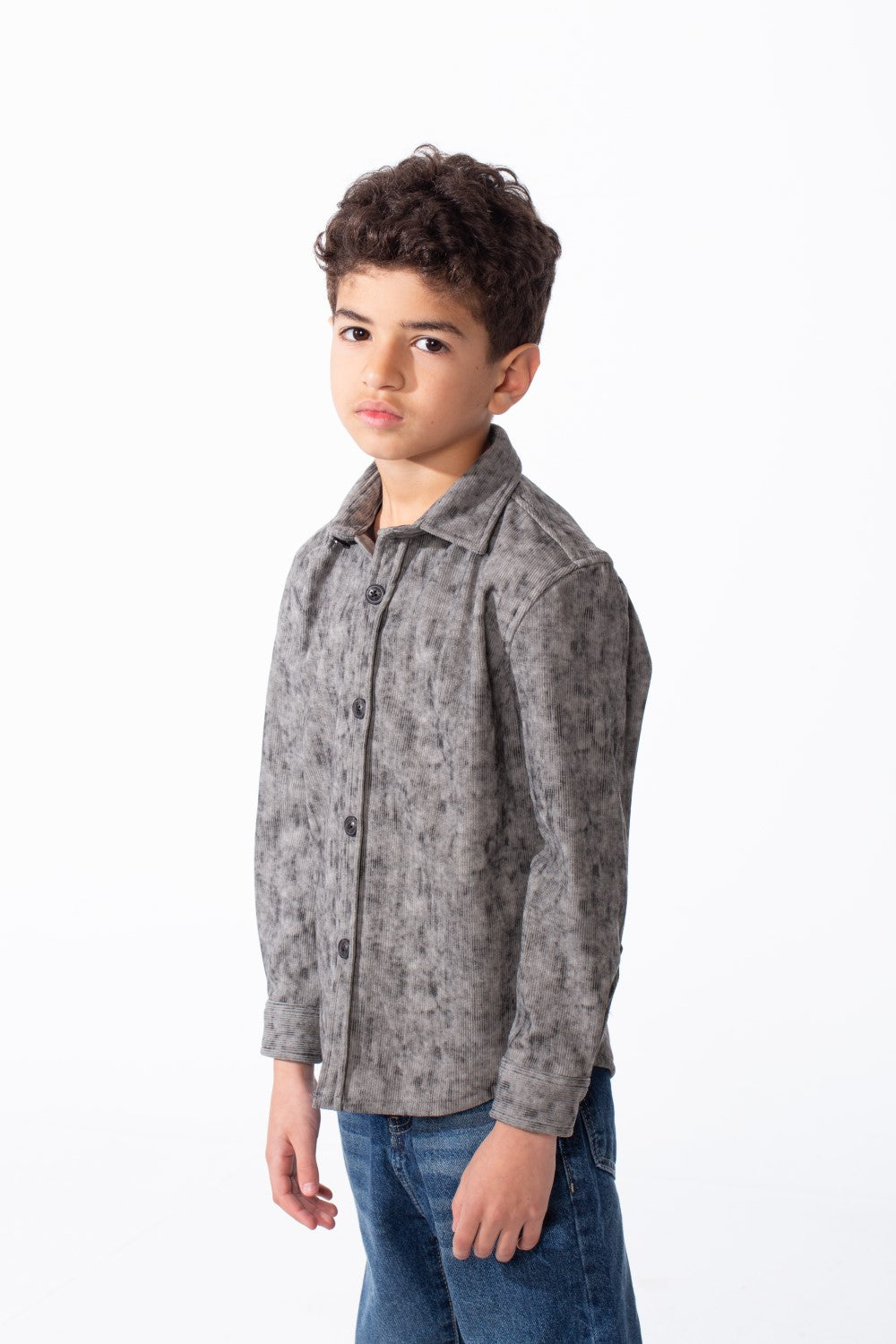 Boy's Striking All Over Jakar Wash Print Tailored Sleeves Detailed Buttoned Cuffs Velvet Slim Fit Shirt