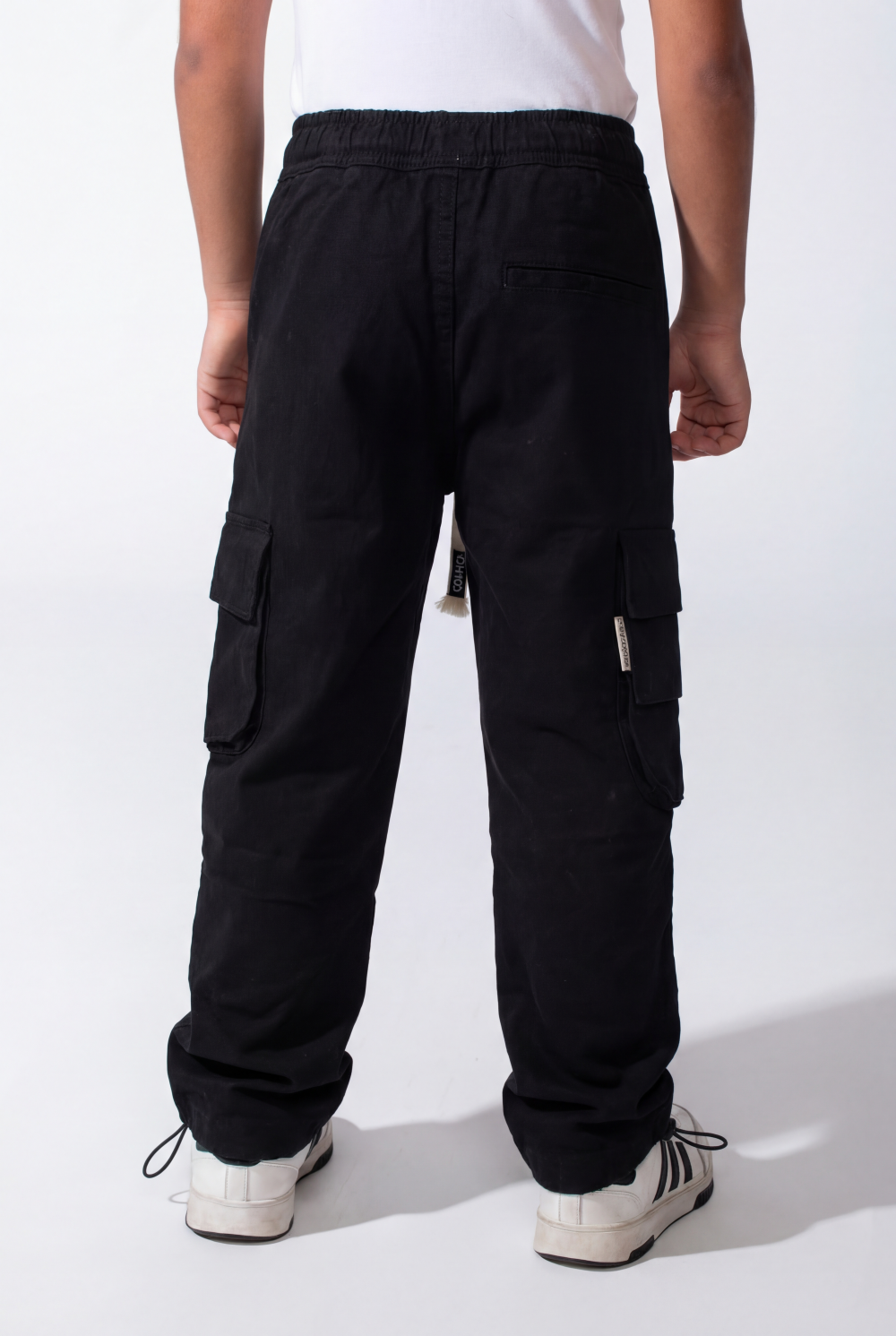 Boy's Wide-Leg Design Elastic Waist Side Cargo Pockets Hams Bungee Cords Versatile Urban Style Cargo Pants