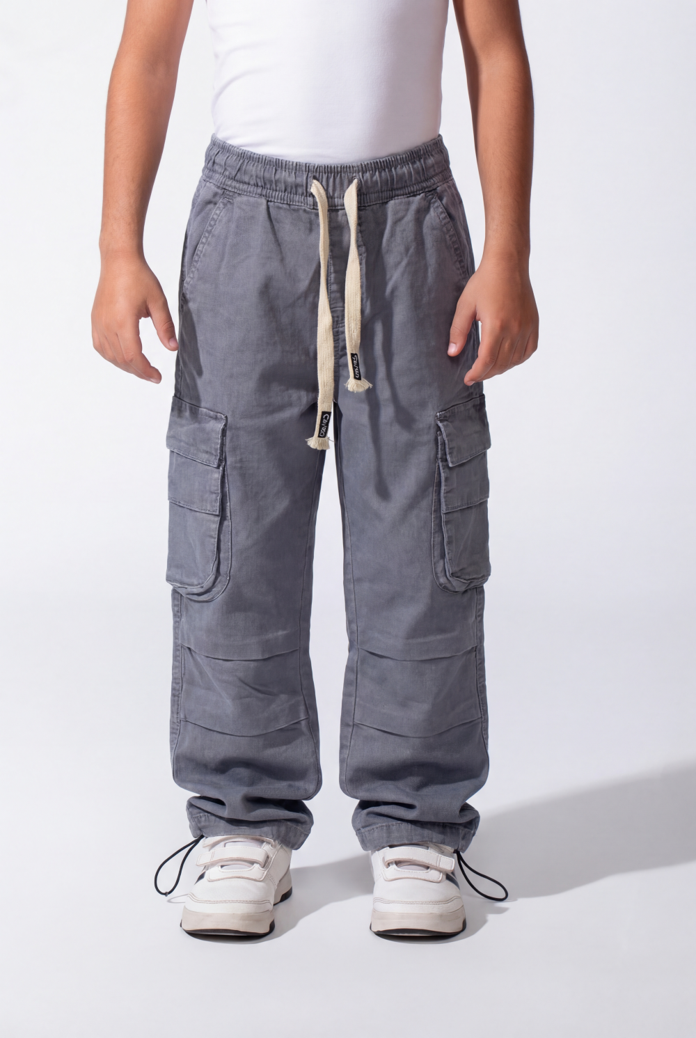 Boy's Wide-Leg Design Elastic Waist Side Cargo Pockets Hams Bungee Cords Versatile Urban Style Cargo Pants