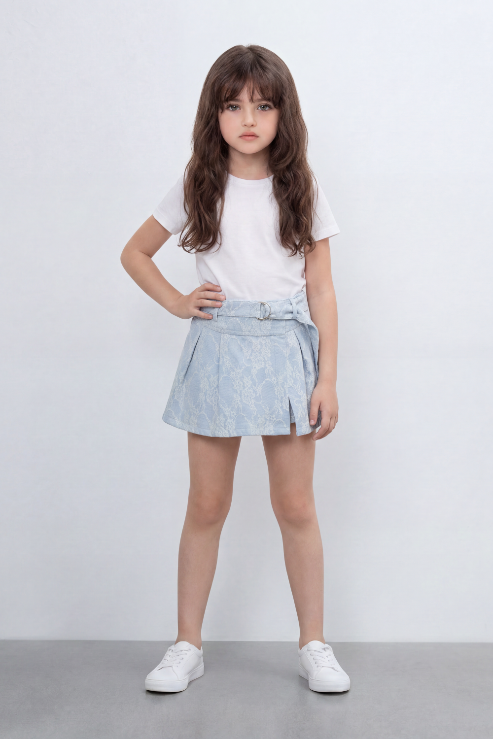 Girl's Tomato Store Lace Bloom Belted Skort Short Slim Fit Raised Floral Lace Texture Across Front And Back Pleated Wrap Panel