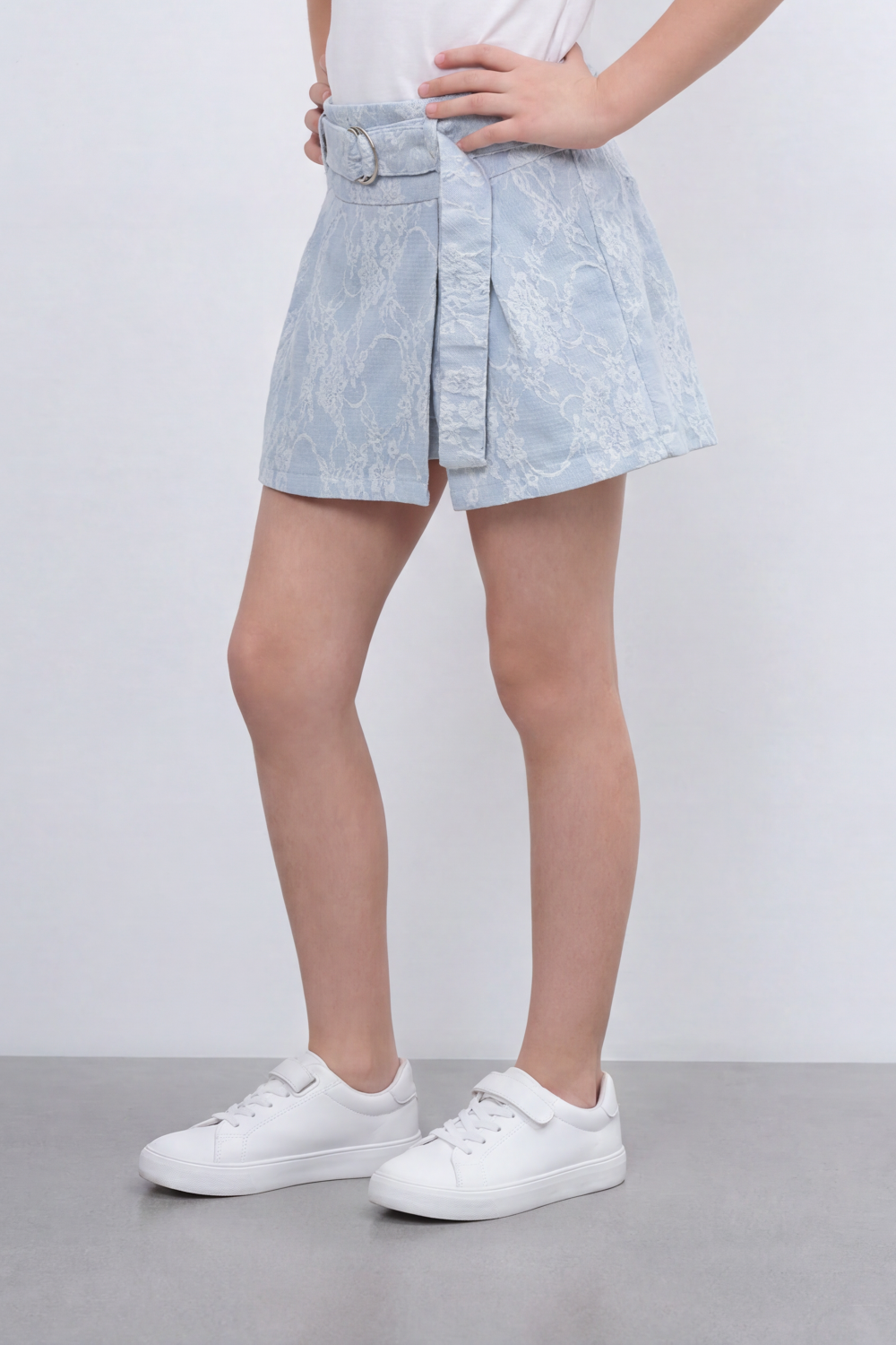 Girl's Tomato Store Lace Bloom Belted Skort Short Slim Fit Raised Floral Lace Texture Across Front And Back Pleated Wrap Panel
