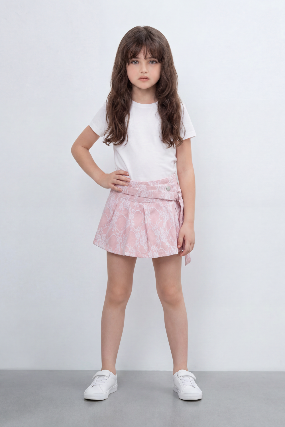 Girl's Tomato Store Lace Bloom Belted Skort Short Slim Fit Raised Floral Lace Texture Across Front And Back Pleated Wrap Panel