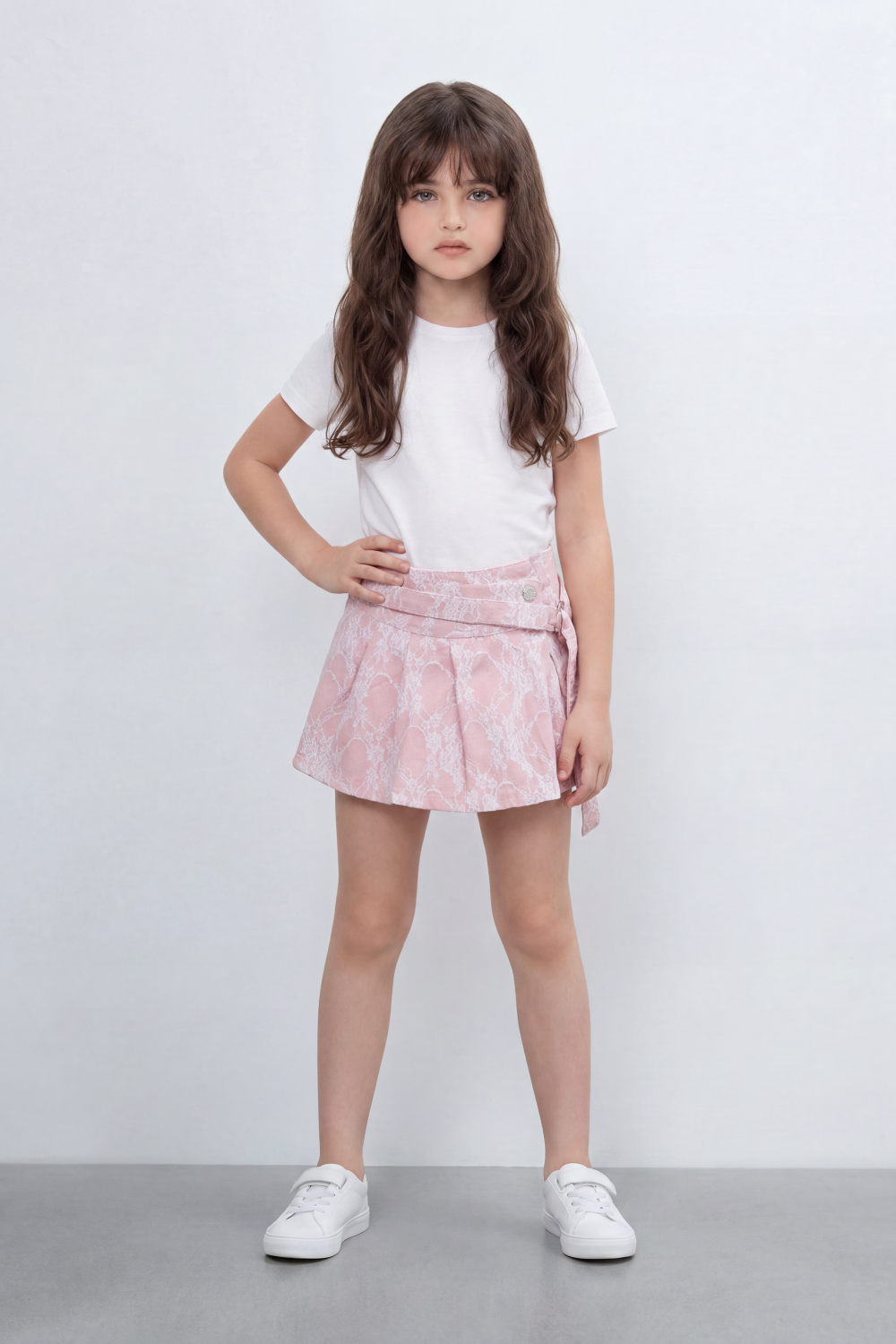 Girl's Tomato Store Lace Bloom Skort Short Slim Fit Raised Floral Lace Texture Across Front And Back Pleated Wrap Panel