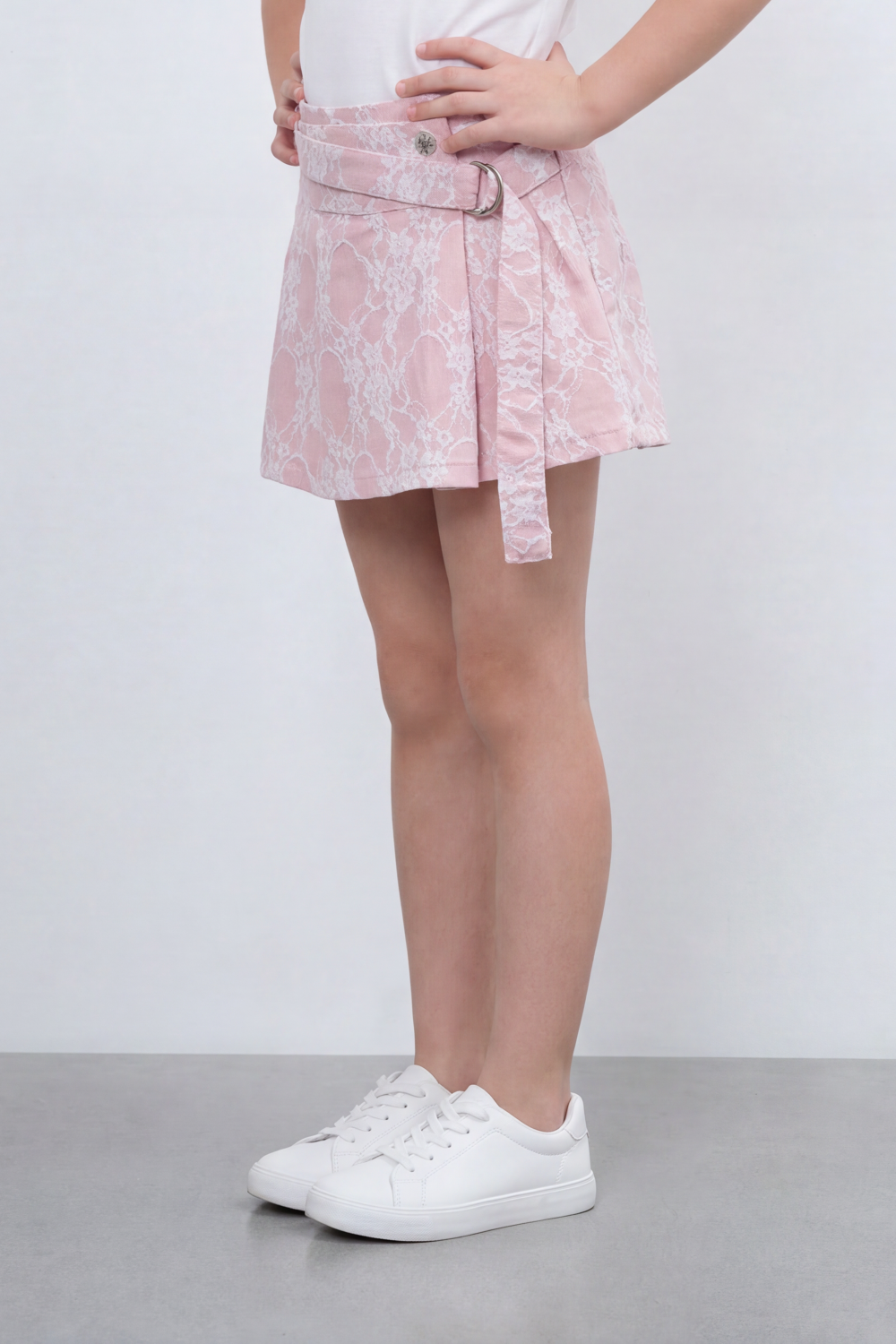 Girl's Tomato Store Lace Bloom Skort Short Slim Fit Raised Floral Lace Texture Across Front And Back Pleated Wrap Panel