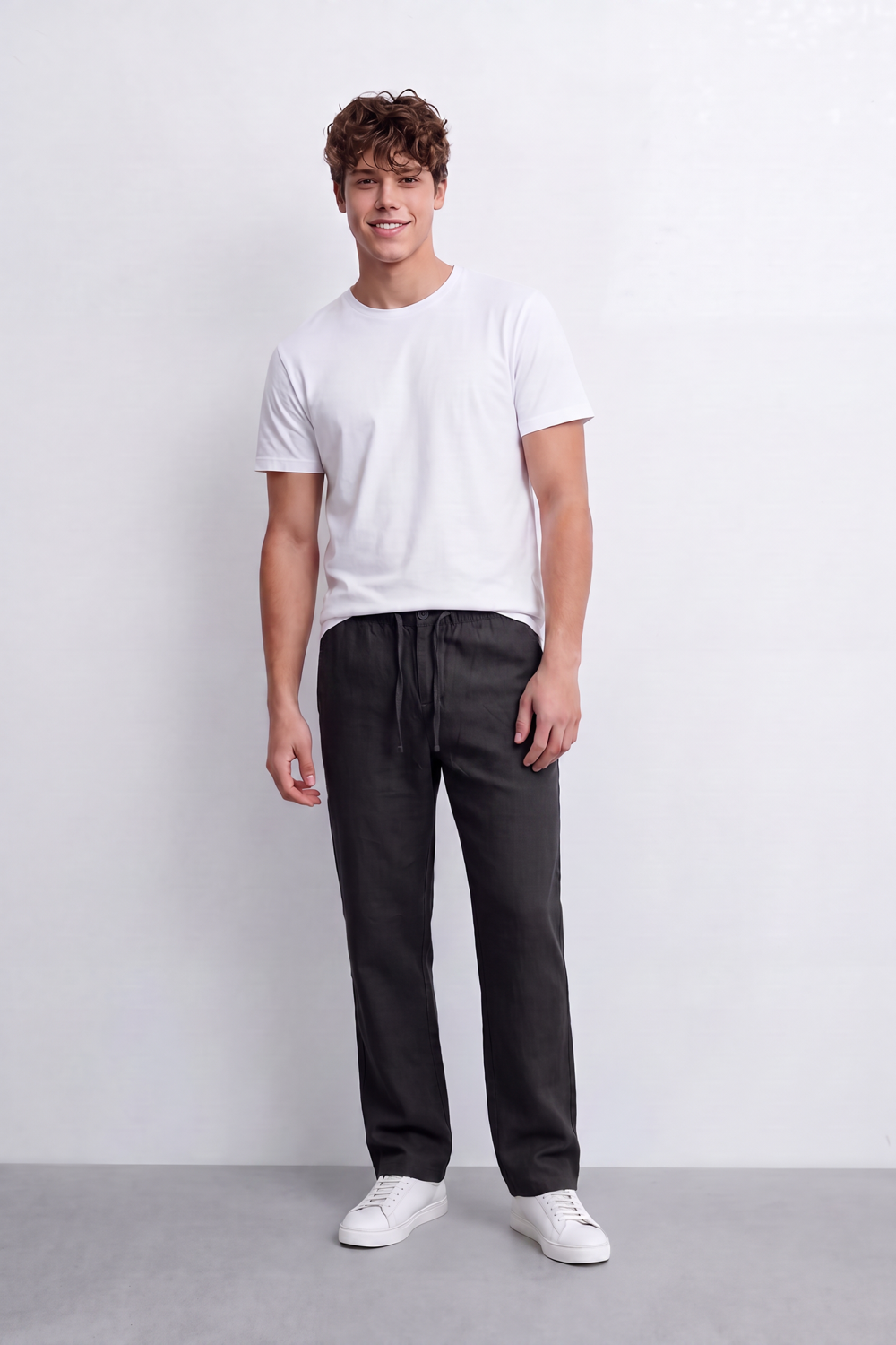 Men's Tomato Store Linen Blend Pants Buttoned Elastic Waist Drawstring Detail Wide Leg