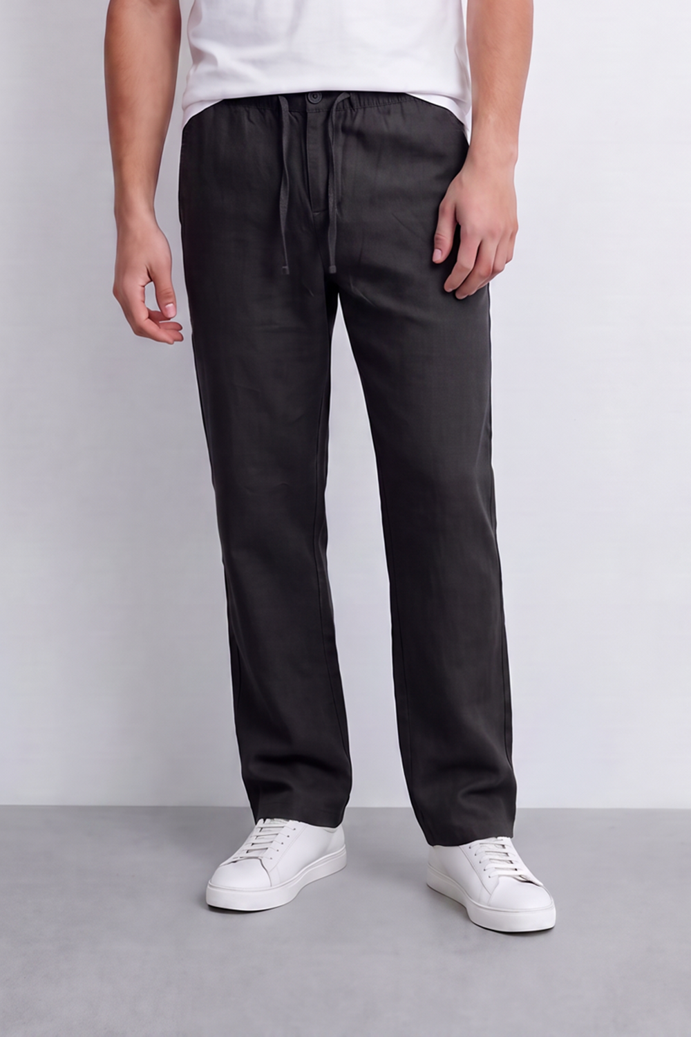 Men's Tomato Store Linen Blend Pants Buttoned Elastic Waist Drawstring Detail Wide Leg