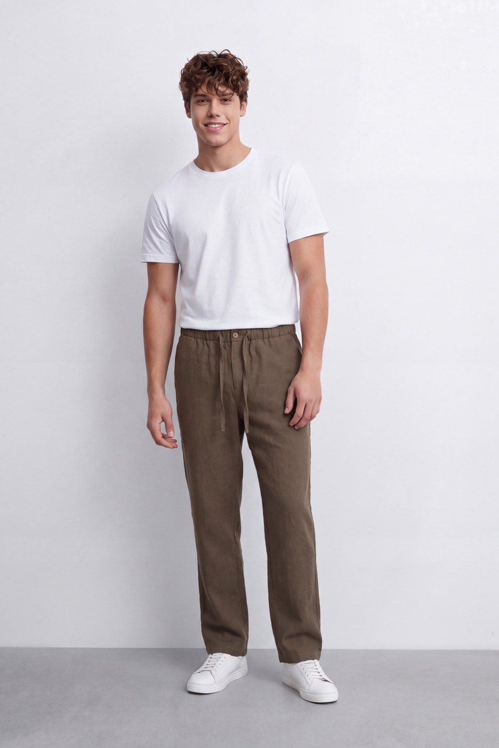 Men's Tomato Store Linen Blend Pants Buttoned Elastic Waist Drawstring Detail Wide Leg