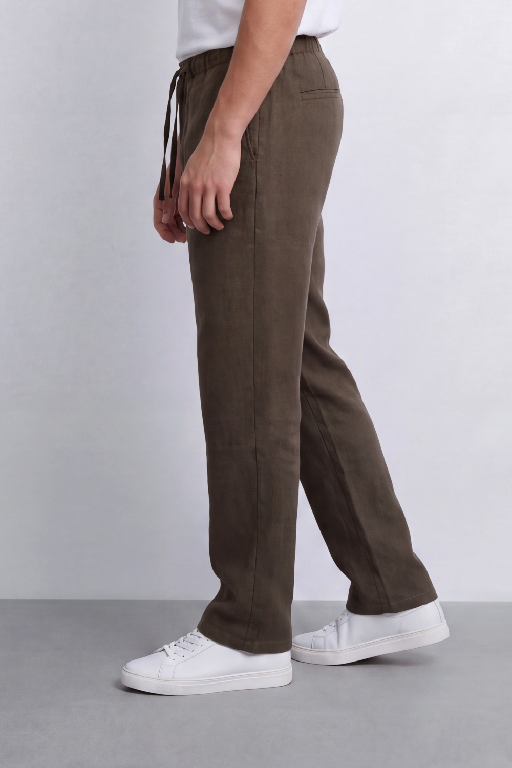 Men's Tomato Store Linen Blend Pants Buttoned Elastic Waist Drawstring Detail Wide Leg