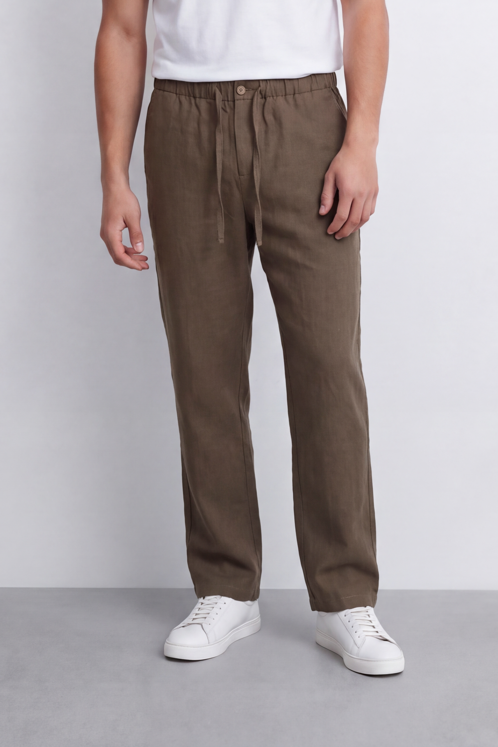 Men's Tomato Store Linen Blend Pants Buttoned Elastic Waist Drawstring Detail Wide Leg