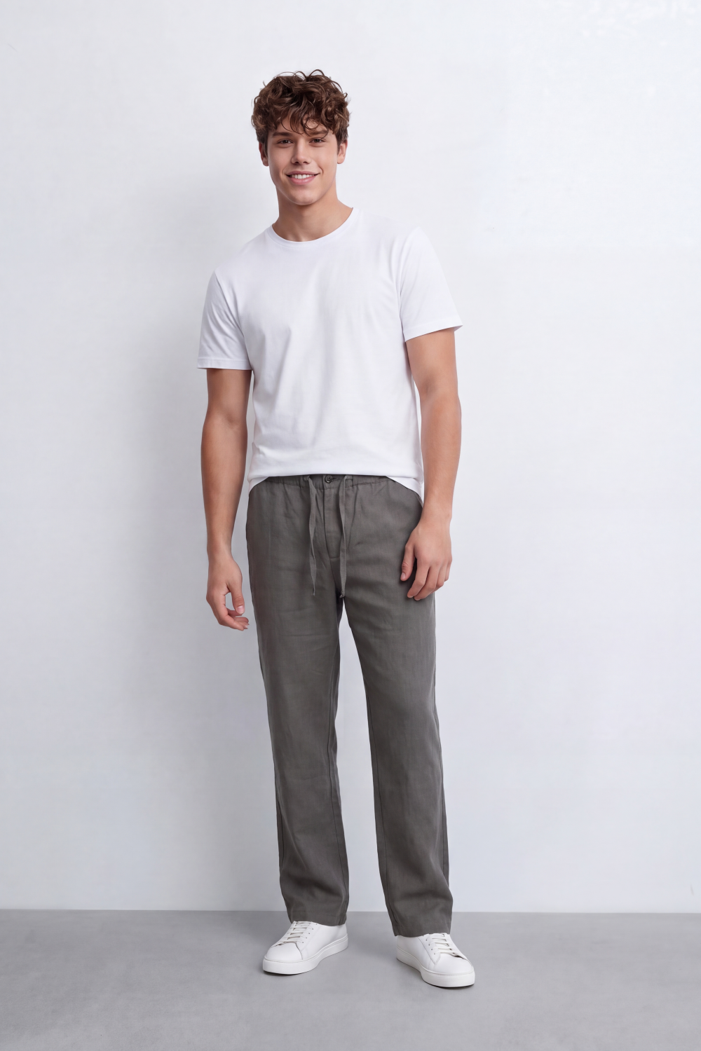 Men's Tomato Store Linen Blend Pants Buttoned Elastic Waist Drawstring Detail Wide Leg