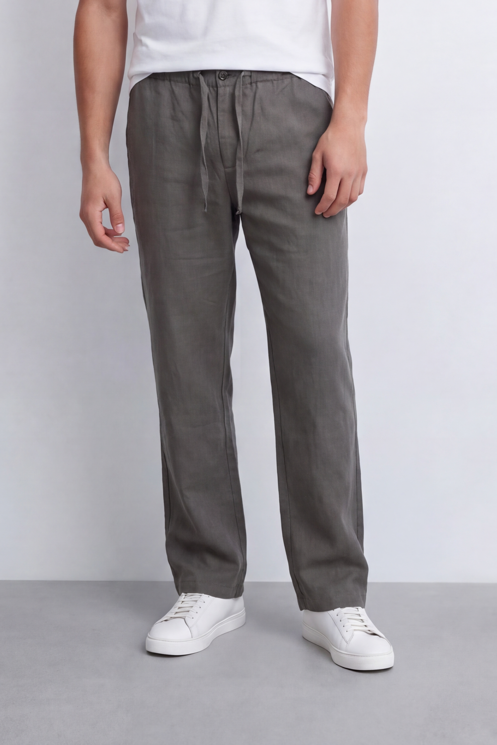 Men's Tomato Store Linen Blend Pants Buttoned Elastic Waist Drawstring Detail Wide Leg