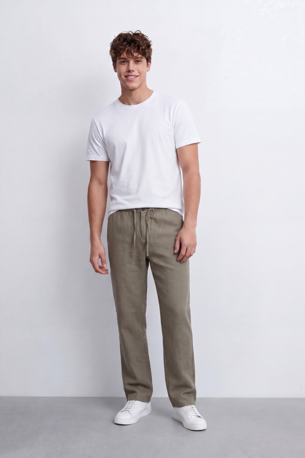 Men's Tomato Store Linen Blend Pants Buttoned Elastic Waist Drawstring Detail Wide Leg