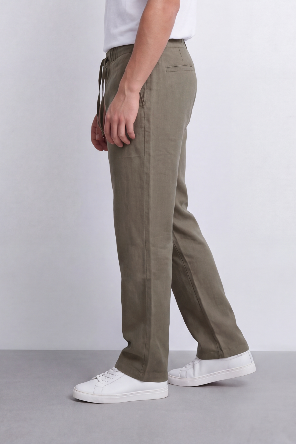Men's Tomato Store Linen Blend Pants Buttoned Elastic Waist Drawstring Detail Wide Leg