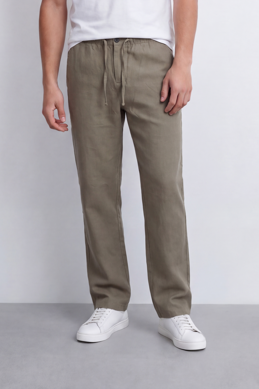 Men's Tomato Store Linen Blend Pants Buttoned Elastic Waist Drawstring Detail Wide Leg