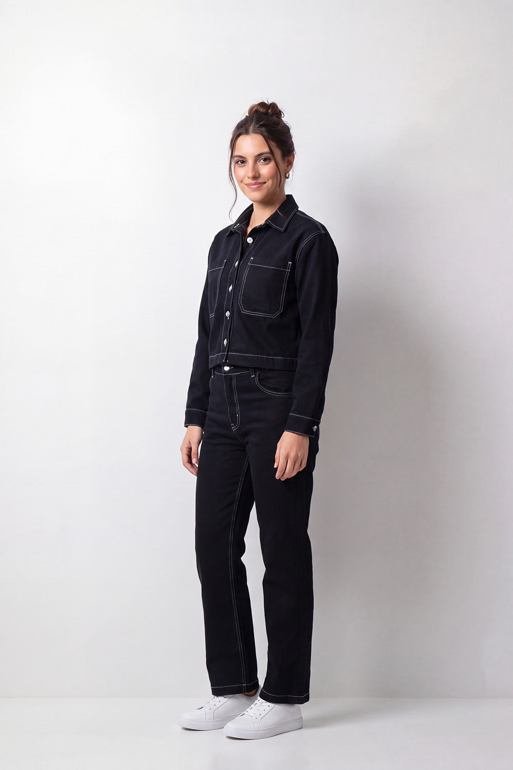 Women's Tomato Store Jacket Contrast Stitching Button Front Dual Patch Pockets Cropped Oversize