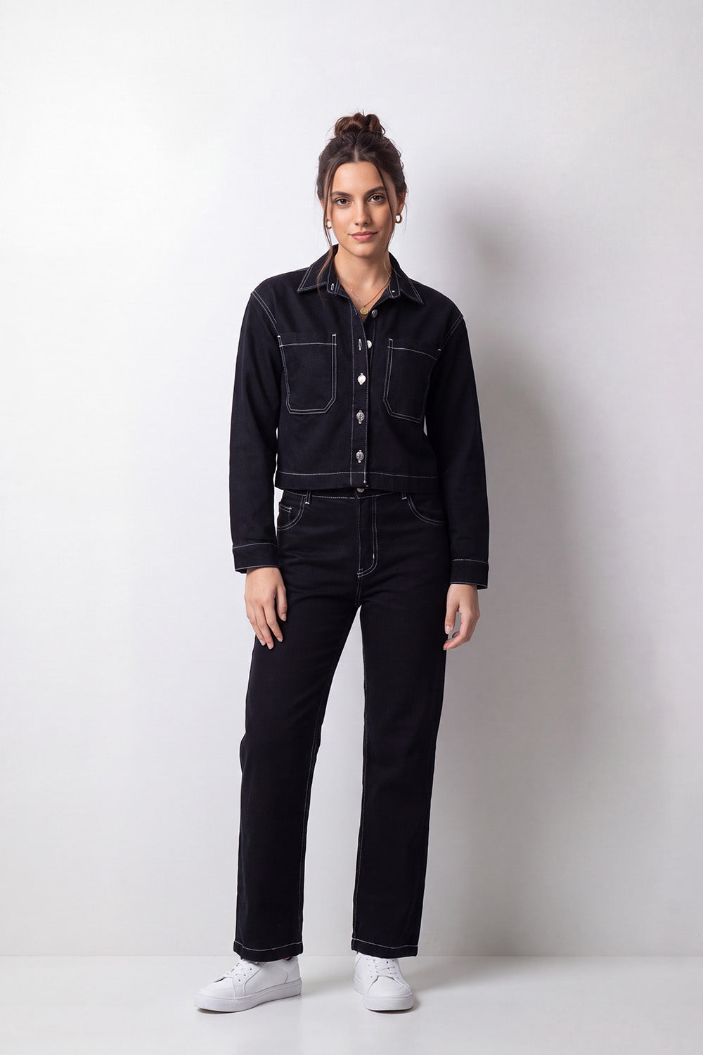 Women's Tomato Store Jacket Contrast Stitching Button Front Dual Patch Pockets Cropped Oversize