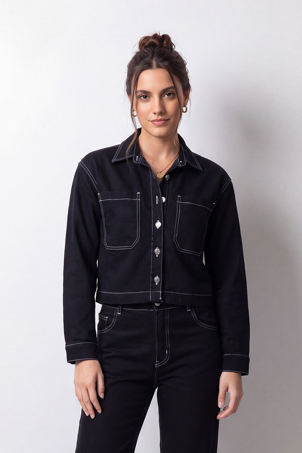 Women's Tomato Store Jacket Contrast Stitching Button Front Dual Patch Pockets Cropped Oversize