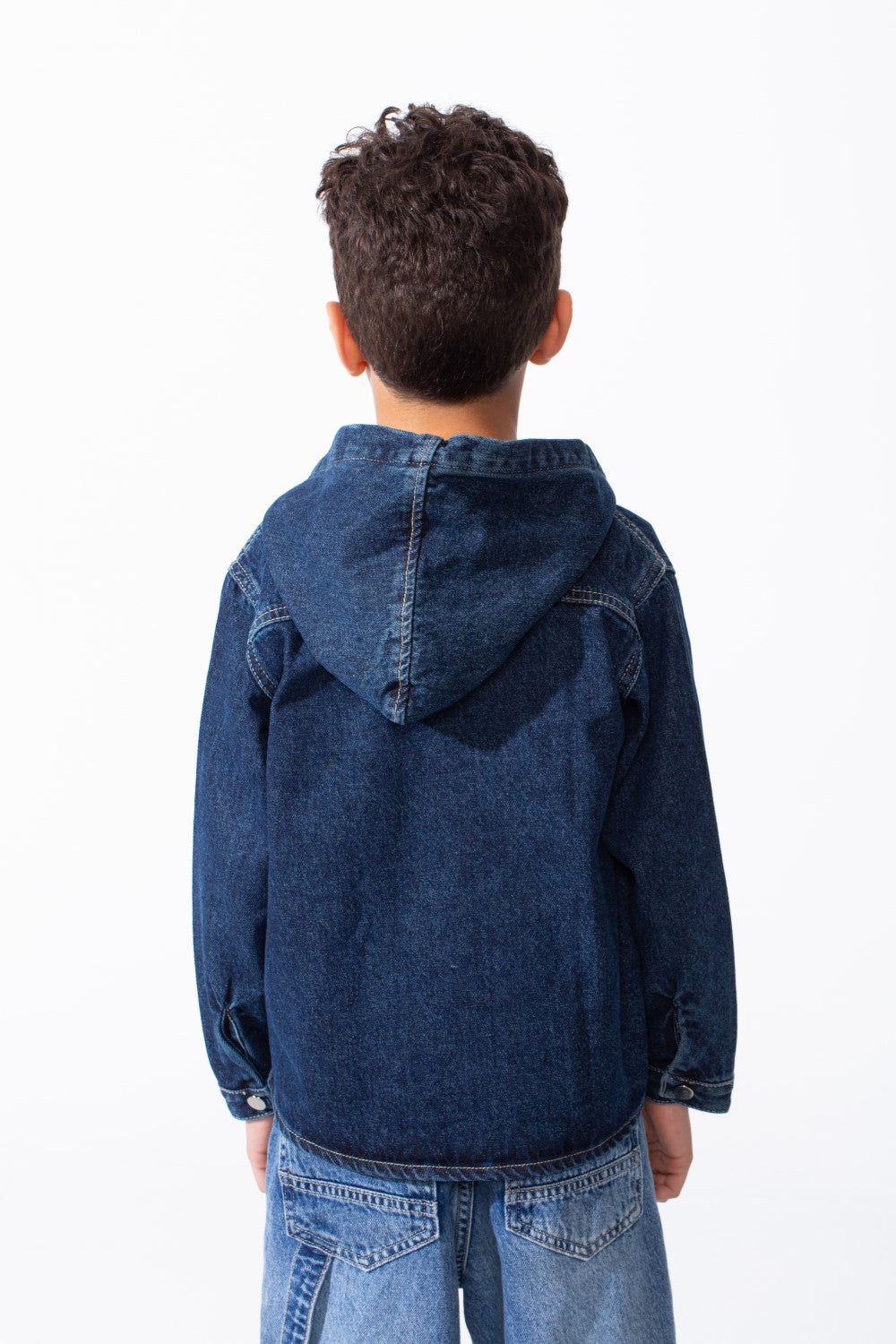 Boy's Long Sleeve Snap-Buttons With Side Flab Pocket Designed Hooded Denim Box Fit Jacket