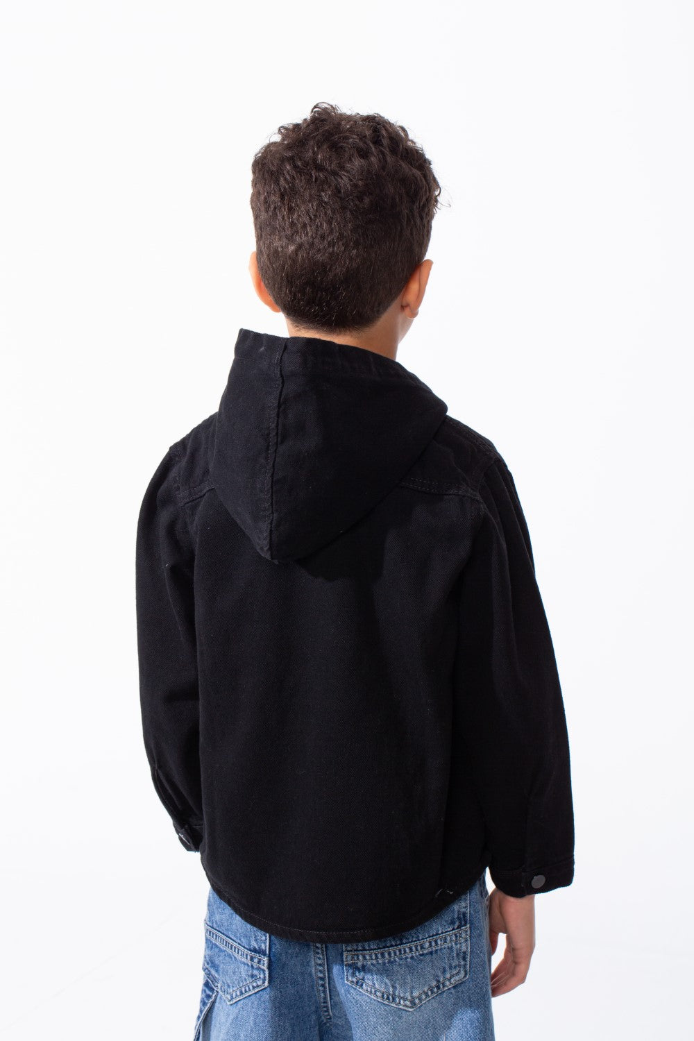 Boy's Long Sleeve Snap-Buttons With Side Flab Pocket Designed Hooded Denim Box Fit Jacket