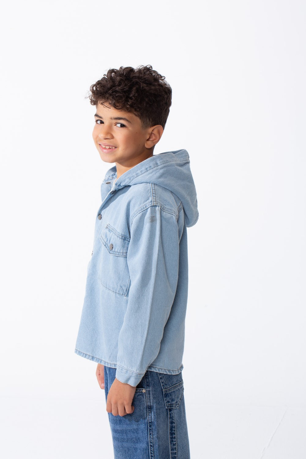 Boy's Long Sleeve Snap-Buttons With Side Flab Pocket Designed Hooded Denim Box Fit Jacket