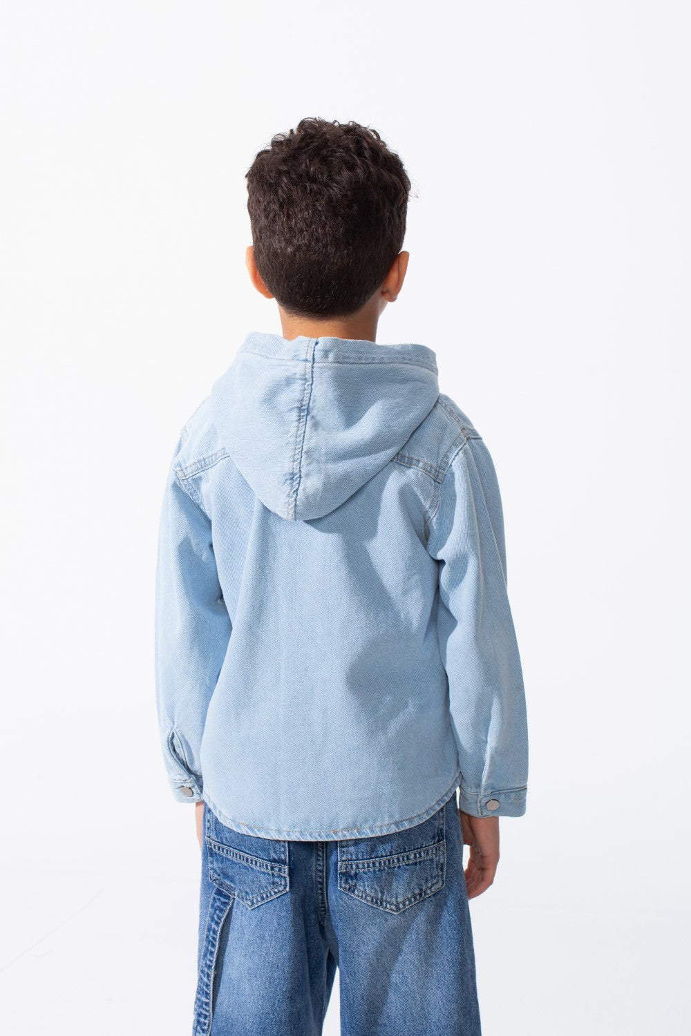 Boy's Long Sleeve Snap-Buttons With Side Flab Pocket Designed Hooded Denim Box Fit Jacket