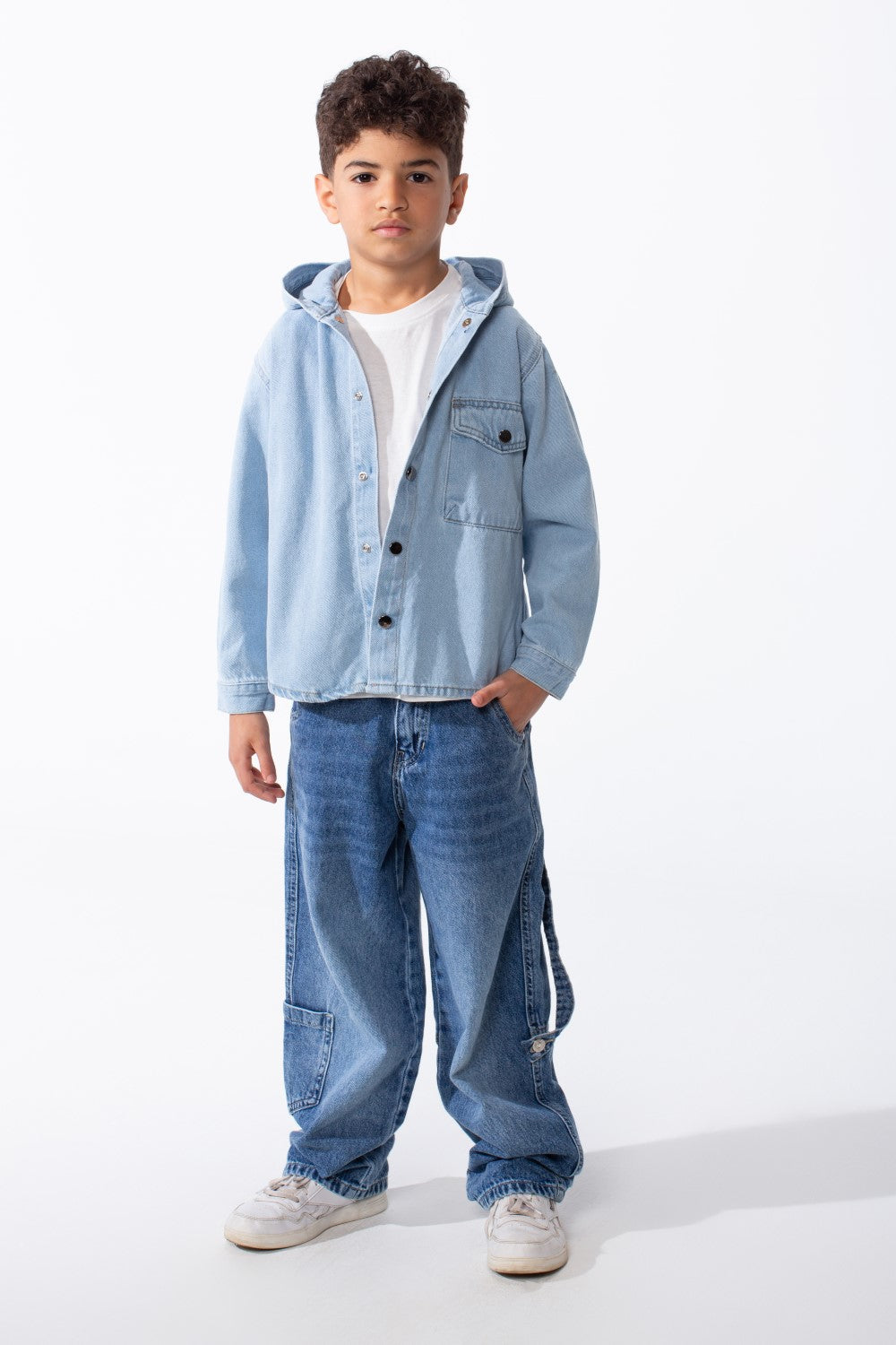 Boy's Long Sleeve Snap-Buttons With Side Flab Pocket Designed Hooded Denim Box Fit Jacket