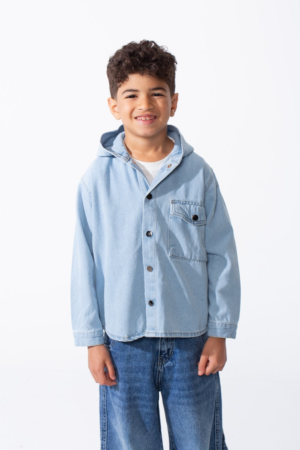 Boy's Long Sleeve Snap-Buttons With Side Flab Pocket Designed Hooded Denim Box Fit Jacket