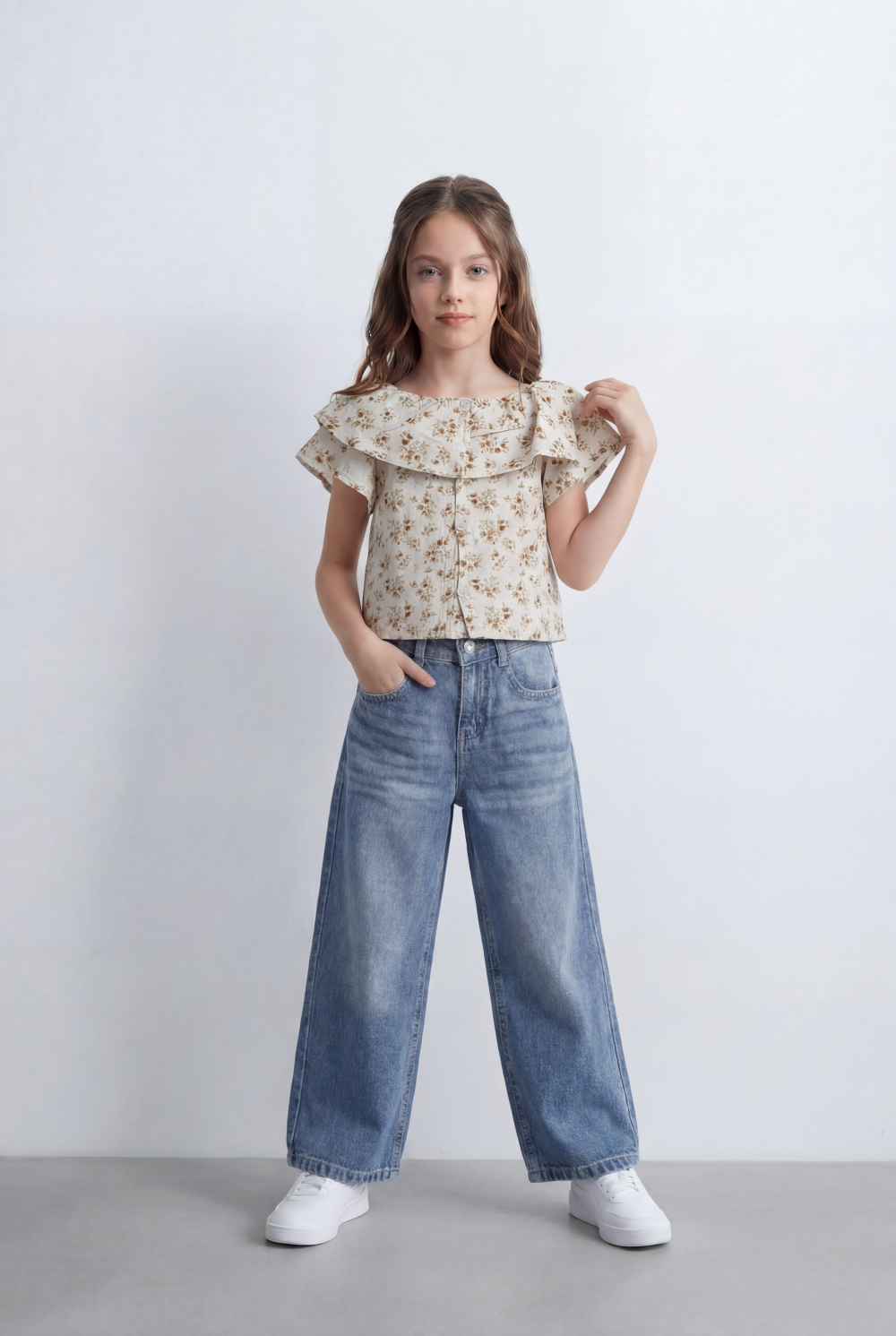 Girl's Tomato Store Wide Leg Denim High Rise Fit Classic Five Pocket Design Button Closure Belt Loops